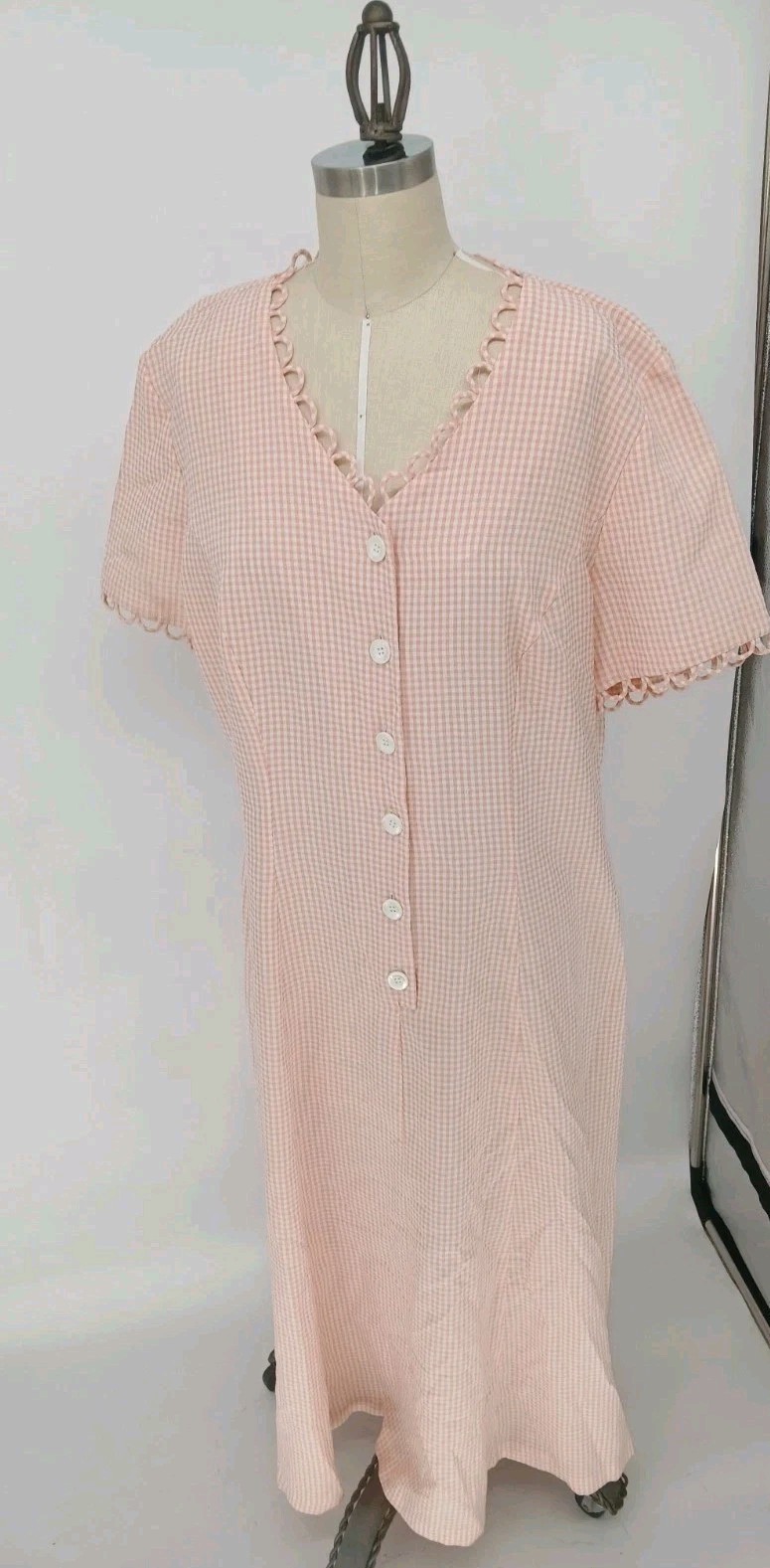 Vtg 90s Kathie Lee Pink Plaid Dress Vintage Candy Crinkle Loop Trim Cottage Core