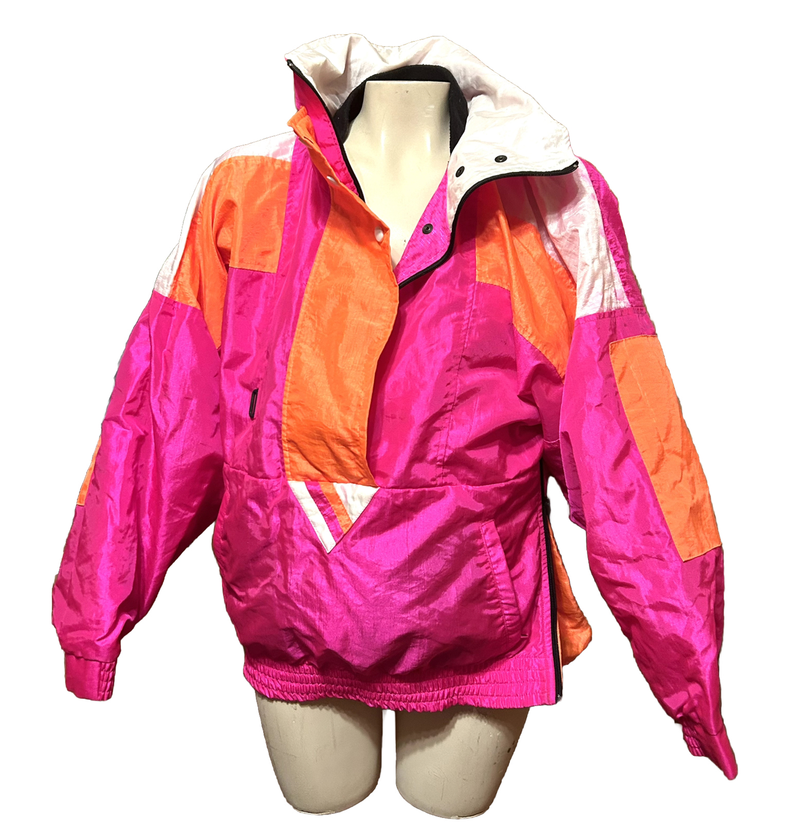 Y2k Neon Pink Jacket Colorblock Windbreaker Pullover L Sunbuster Ski Nylon 1980s
