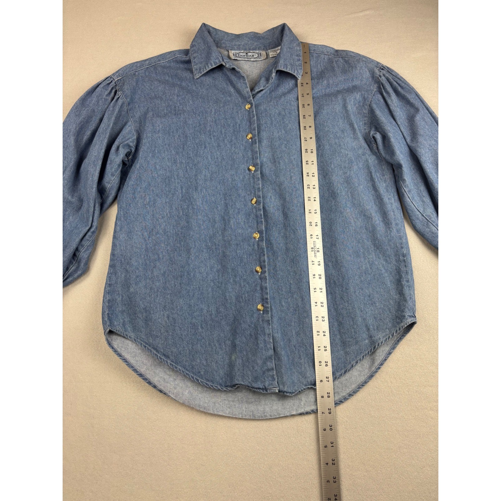 Vintage Bonjour Denim Button Down Shirt Medium Puff Sleeve Pleated Back