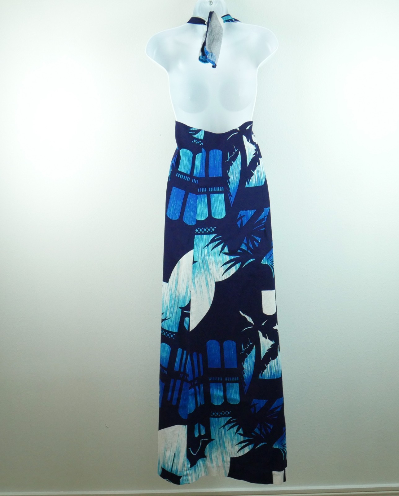 Vintage 60s Hukilau Fashions Hawaiian Maxi Dress Halter Small Barkcloth Aloha