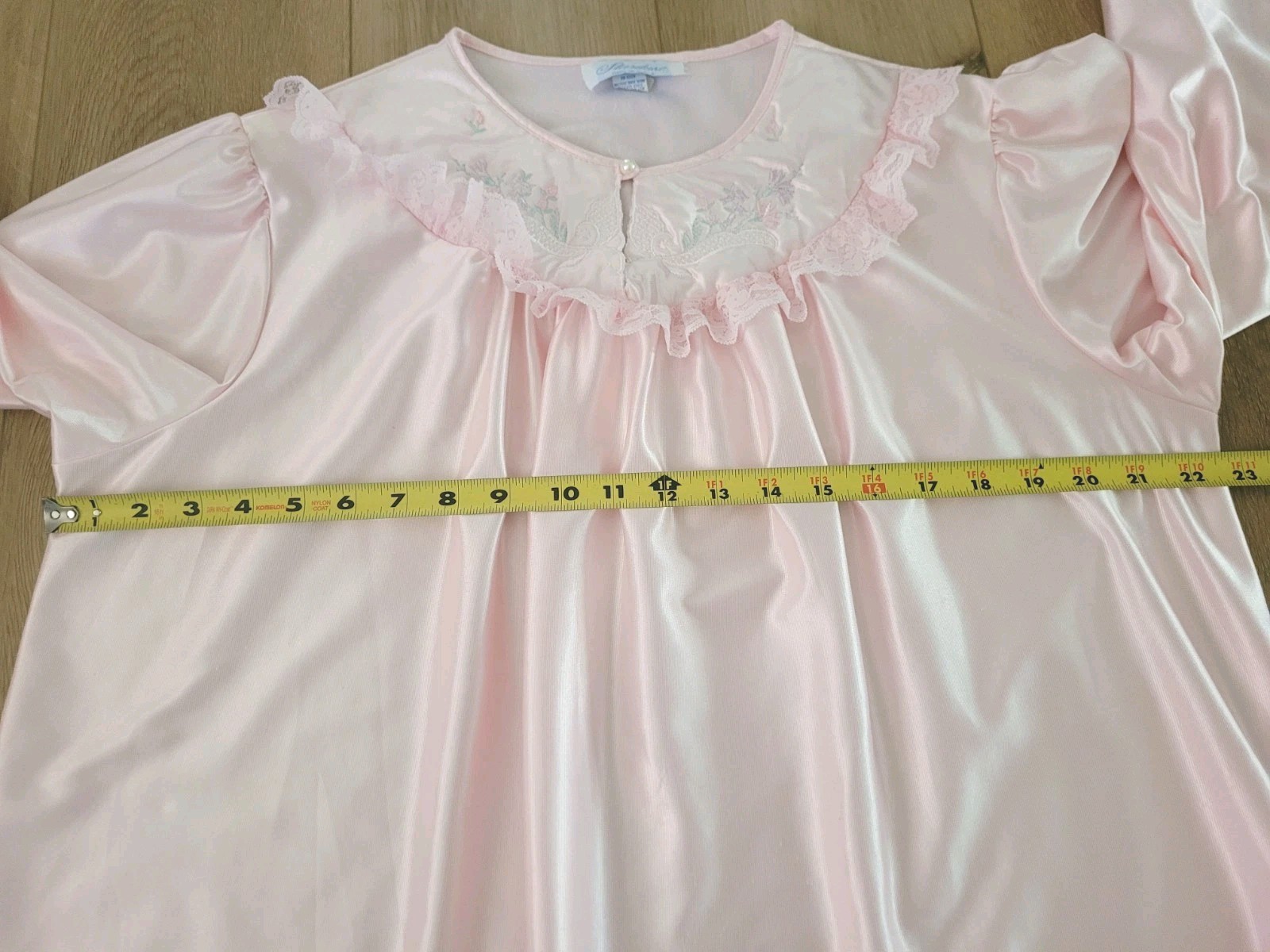 Vtg Stardust USA Pink Satin Brushed Lining Ruffled Lace LS Nightgown LG ●READ