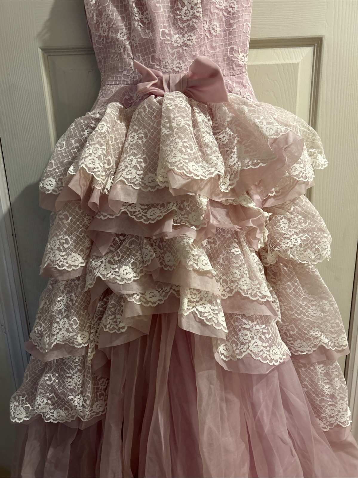 1950 Vintage Pastel Pink Tiered Ruffled Tulle Dress Gown Cup Cake Union Made