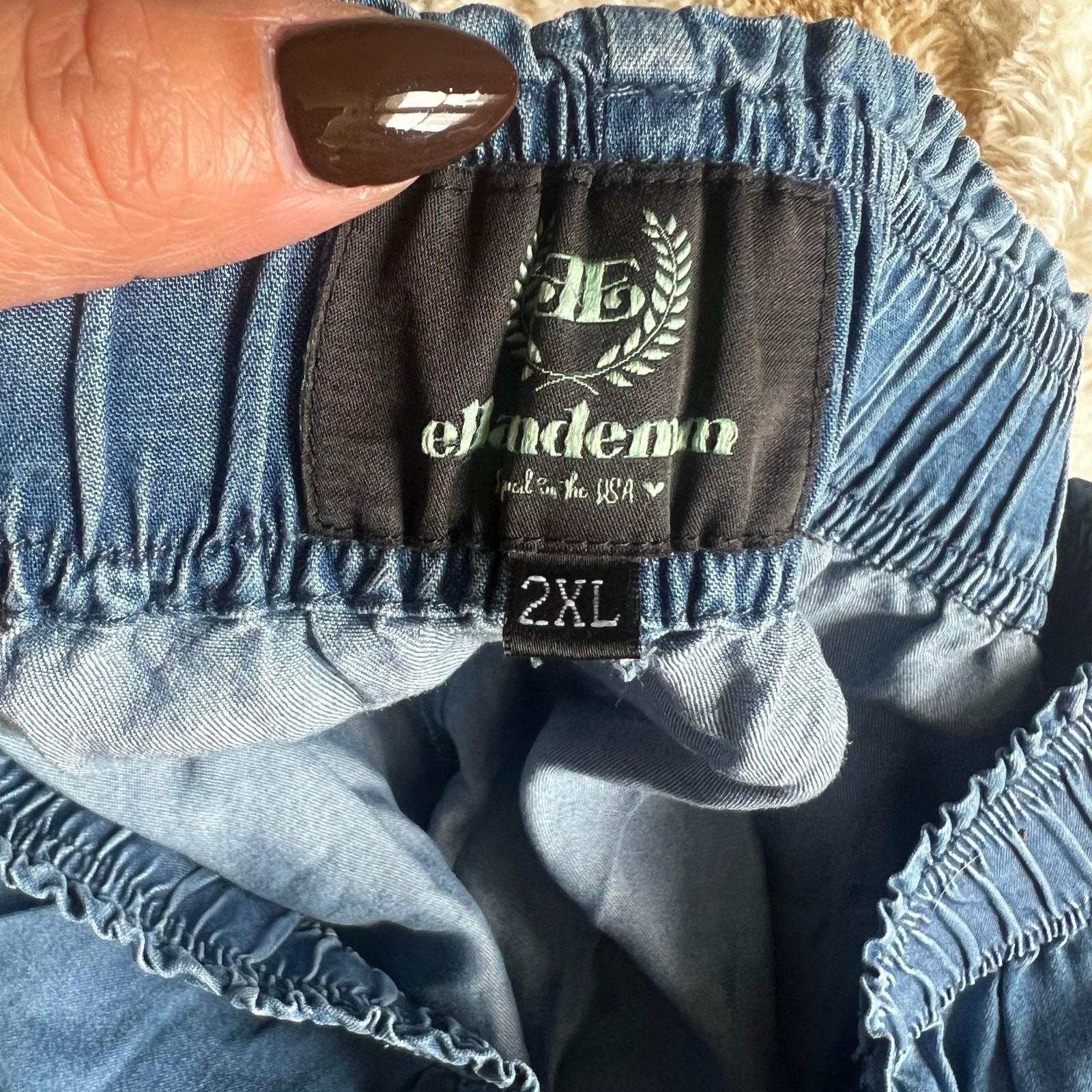 Ellandemm Tencel Denim Two Piece Set Blue Puff Sleeve Crop Top Shorts XL 2XL