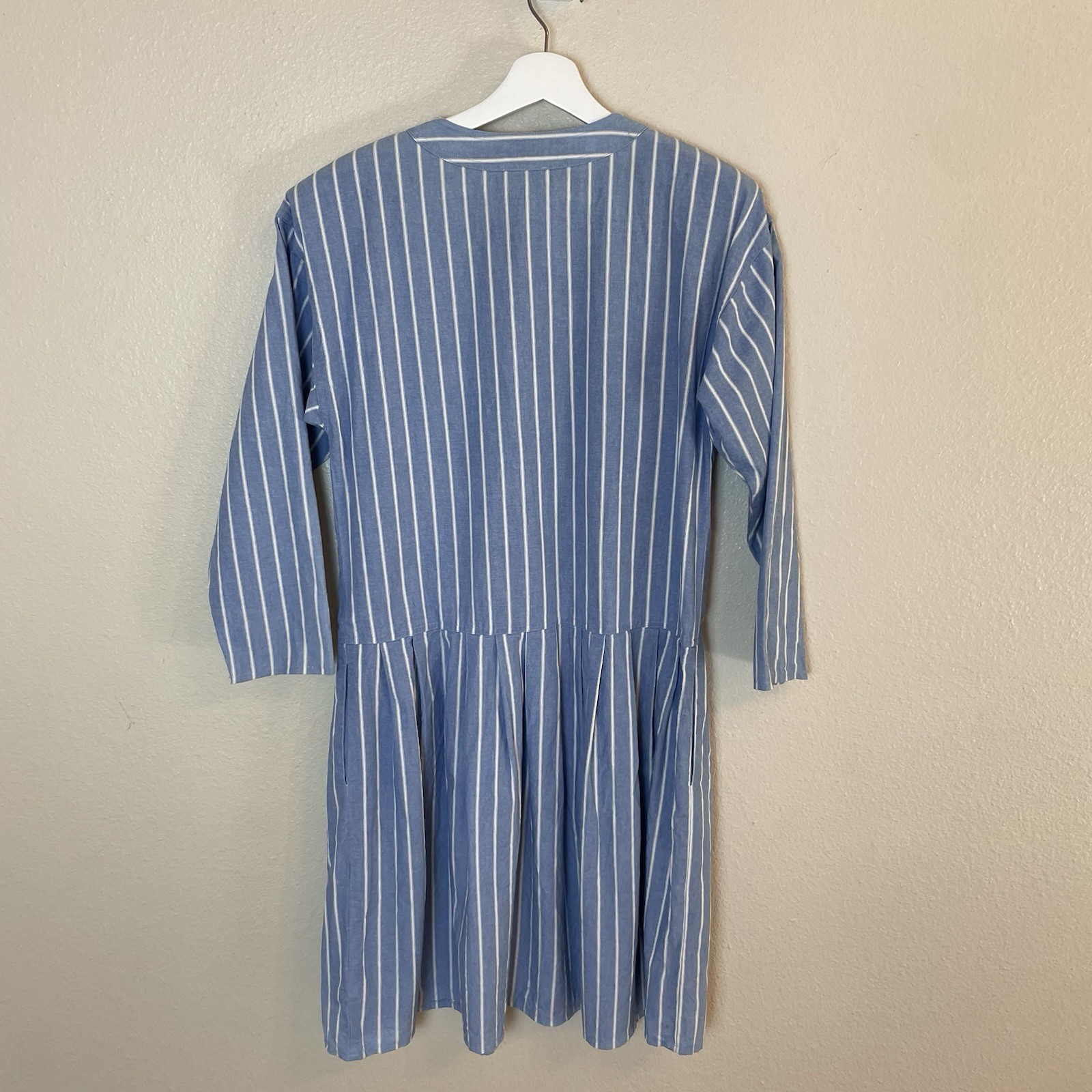 Vintage 80’s Horchow Blue/ White Stripe Pleated Drop Waist Dress Pockets Sz 10