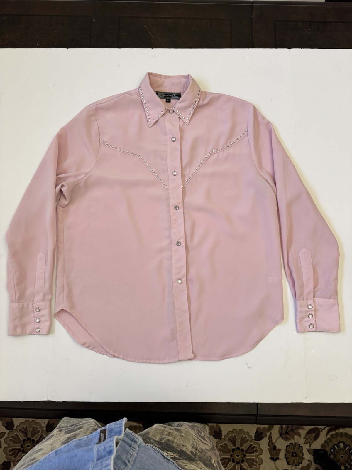 VTG Daniali USA Pink Western Rhinestone Shirt Women’s Large Snap Microfiber