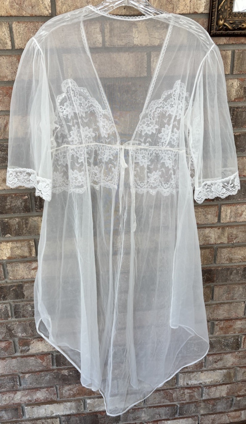 Vtg Taryn Alexander White Bridal Chiffon Lace Peignoir Nylon Nightgown Robe M