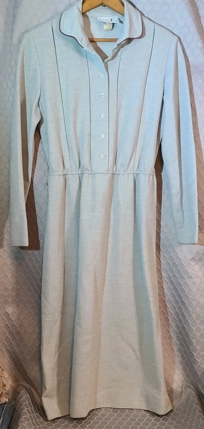 Vintage midi dress Leslie Fay Original Wool Cream long sleeve Large Red Trim