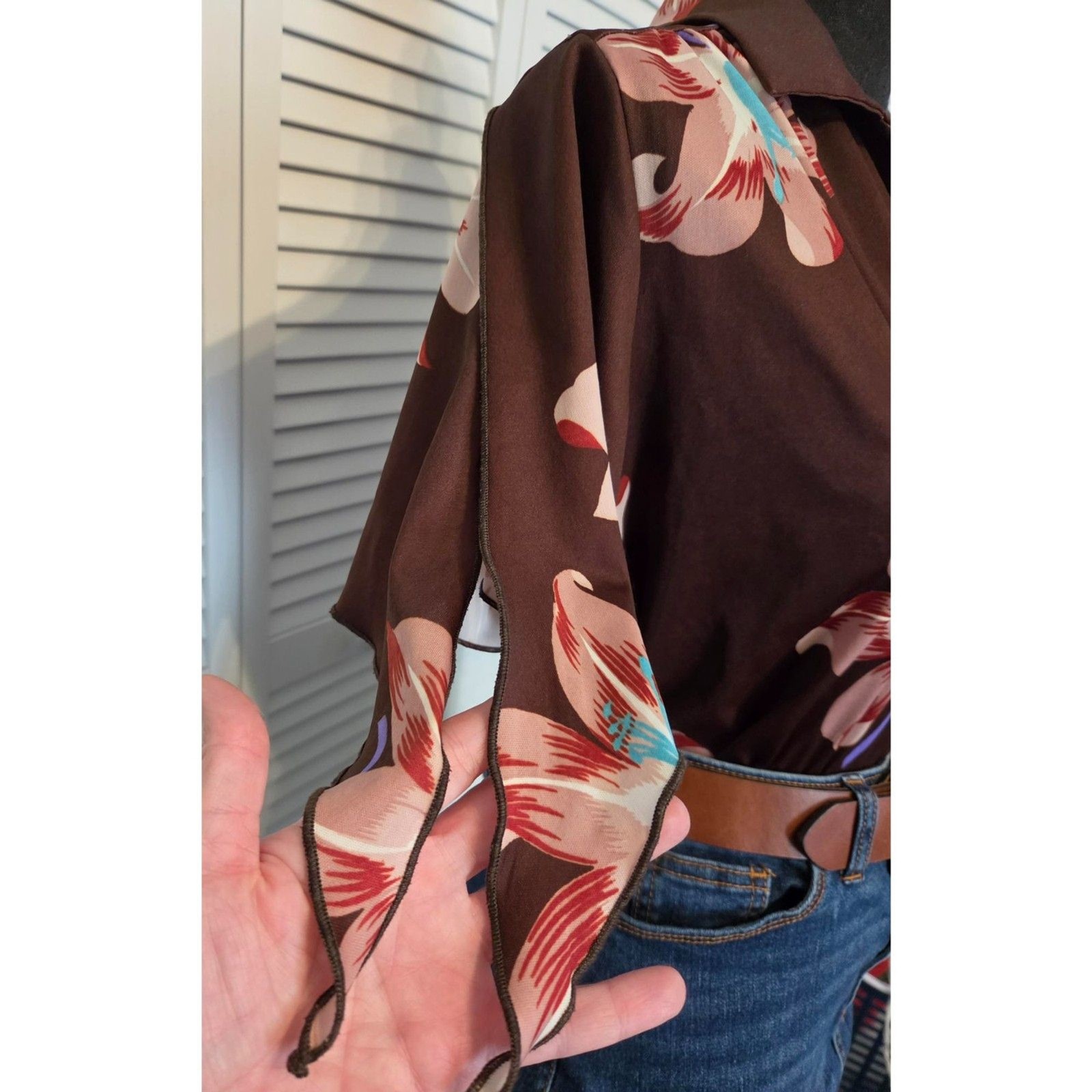 Vintage Brown Floral Rayon Blouse-Handkerchief Sleeves, Sz Med