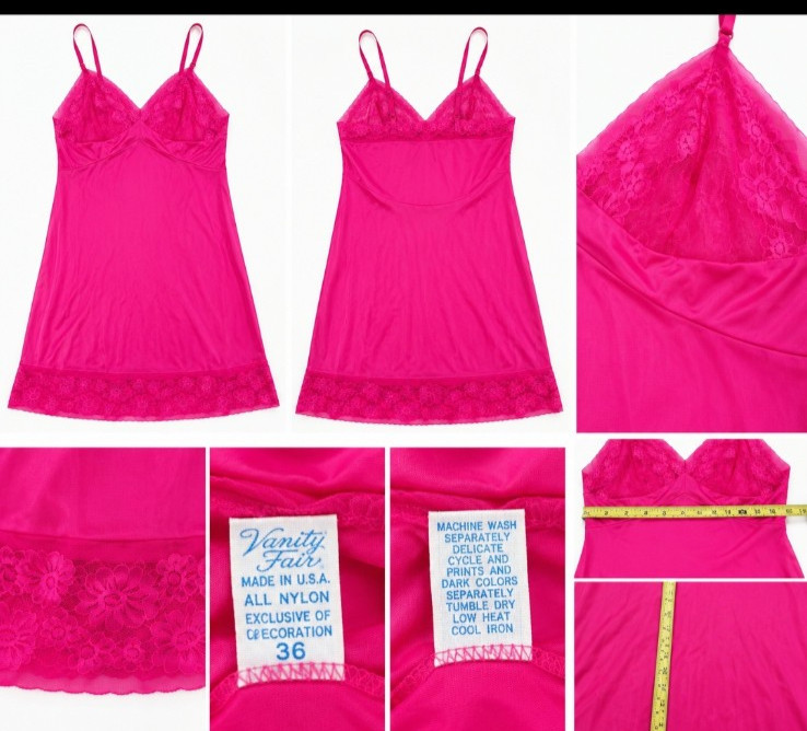 Vintage Vanity Fair Hot Pink Magenta Nylon Tricot Chemise Size 36 | Made in USA