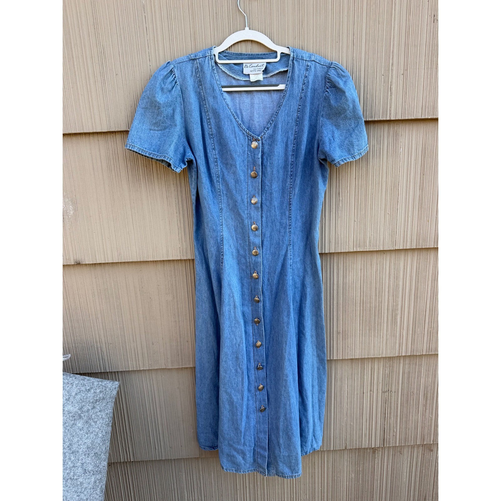 Vintage 90s Denim Button Down Midi Dress Size 10P Lace Up Back Short Puff Sleeve