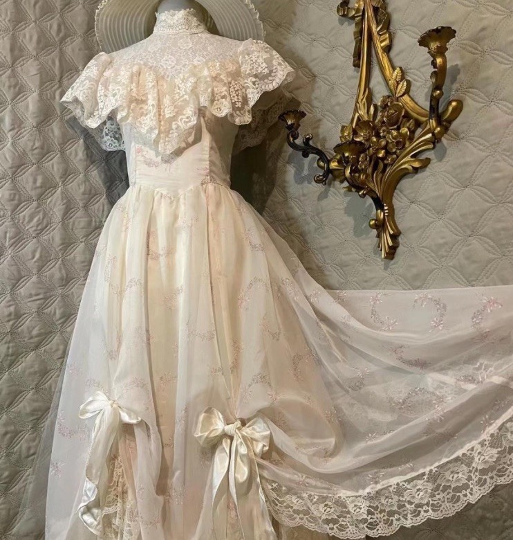 VTG Gunne Sax Wedding Dress Prairie Bows Ivory Lace Victorian Hoop Skirt Sz 5 Xs