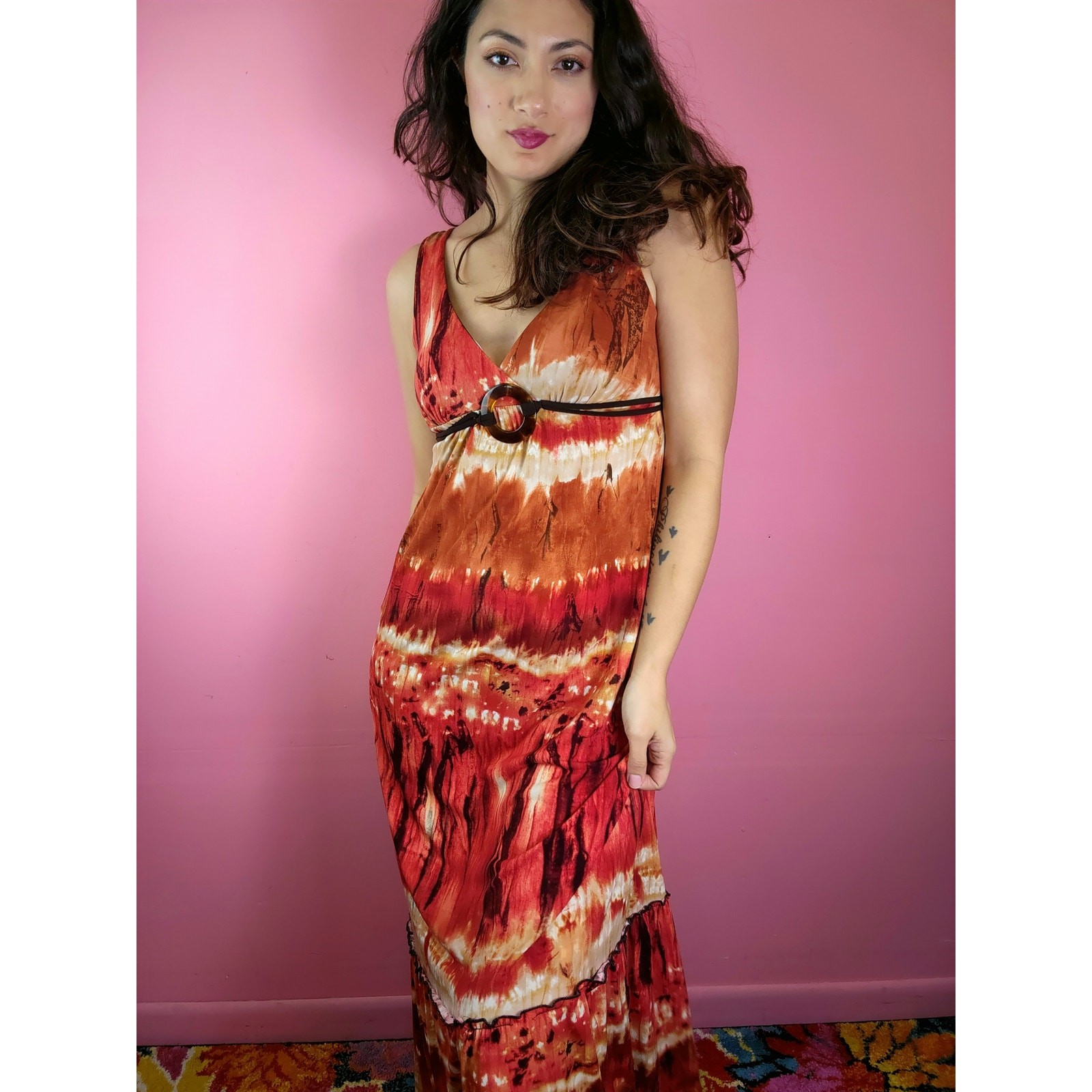 Vintage Y2K Fire Tie Dye Red Rust Brown Tortoise Shell Bead Maxi Dress by BCX