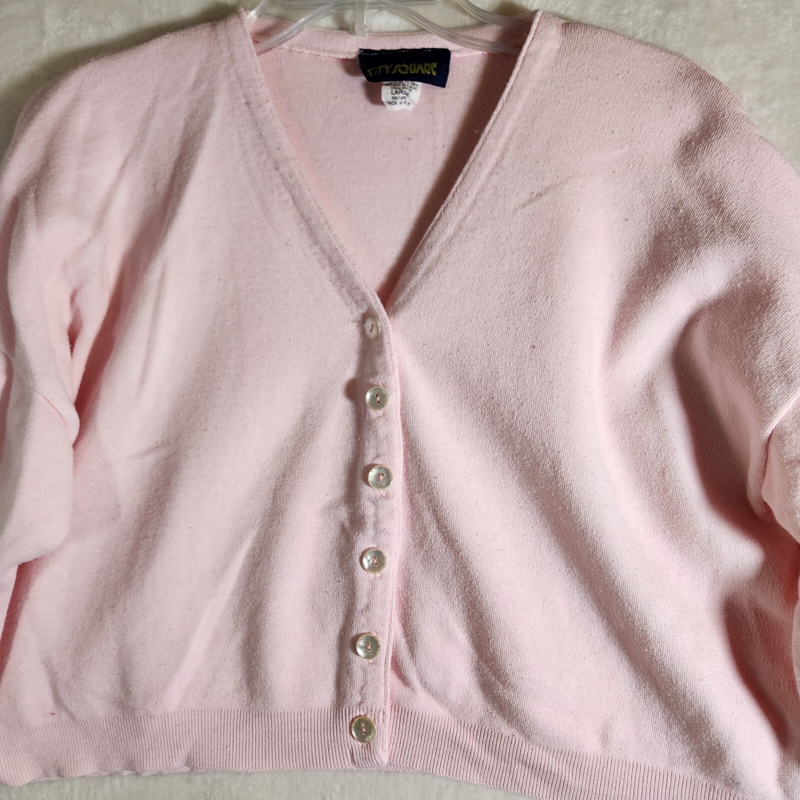 Vintage Pink Sweater Cropped Cardigan Cotton Pastel Made In USA Large 90s Y2K