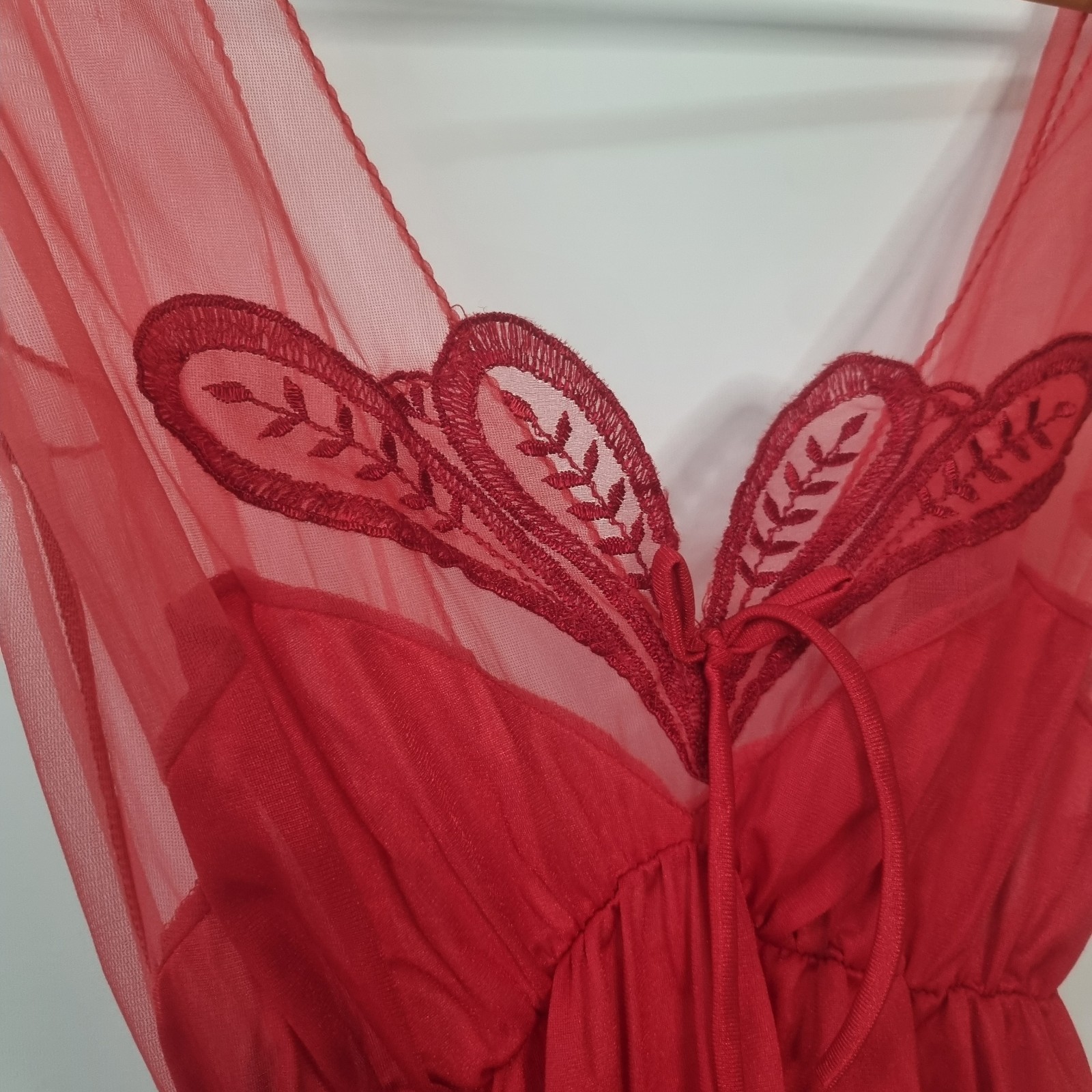 VTG Avian Red Nylon Lace Sheer Nightgown Gown Long Deep V USA Sexy Chiffon Sz S
