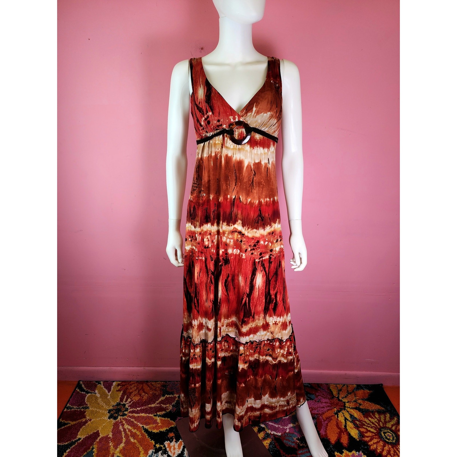 Vintage Y2K Fire Tie Dye Red Rust Brown Tortoise Shell Bead Maxi Dress by BCX