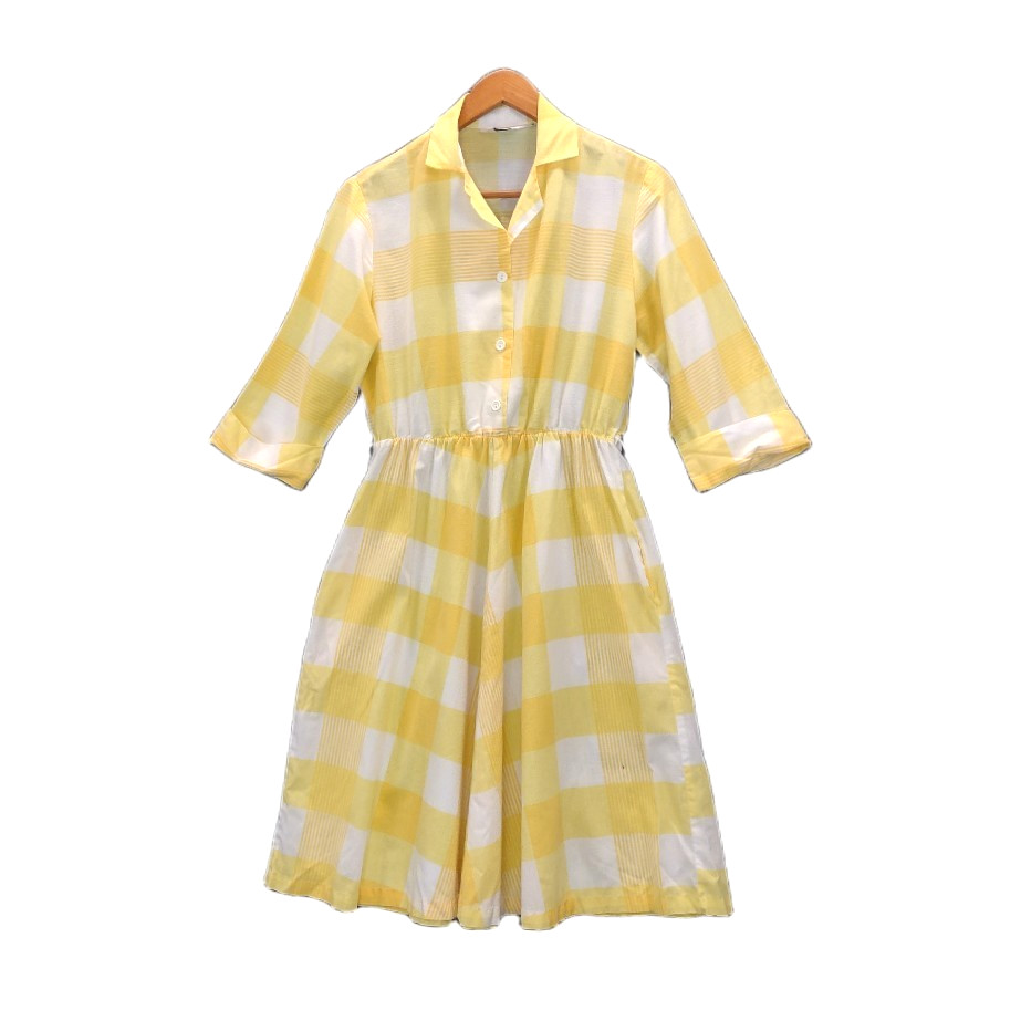 VTG Blair Shirt Dress S/M Yellow White Plaid A Line Button Front 3/4 Sleeve
