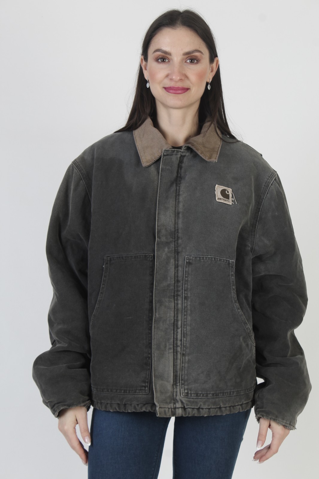 Vintage Carhartt Corduroy Collar Coat Insulated Black Chore Work Full Zip Jacket