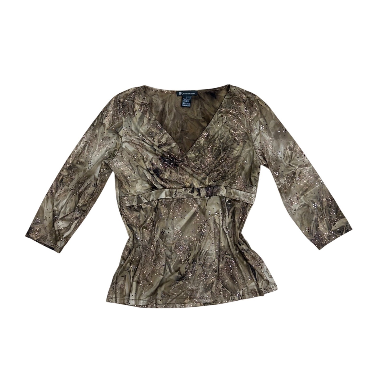 Vtg Brown Abstract Sequin Glitter Paisley V-Neck Empire Blouse L whimsy fairy