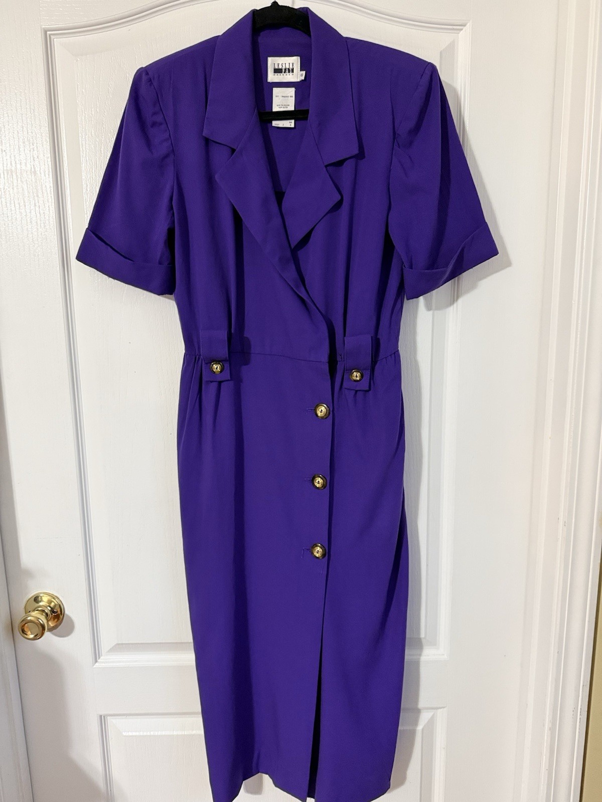 Vintage 80s Leslie Fay Purple Power Dress Gold Button Midi USA Womens 8