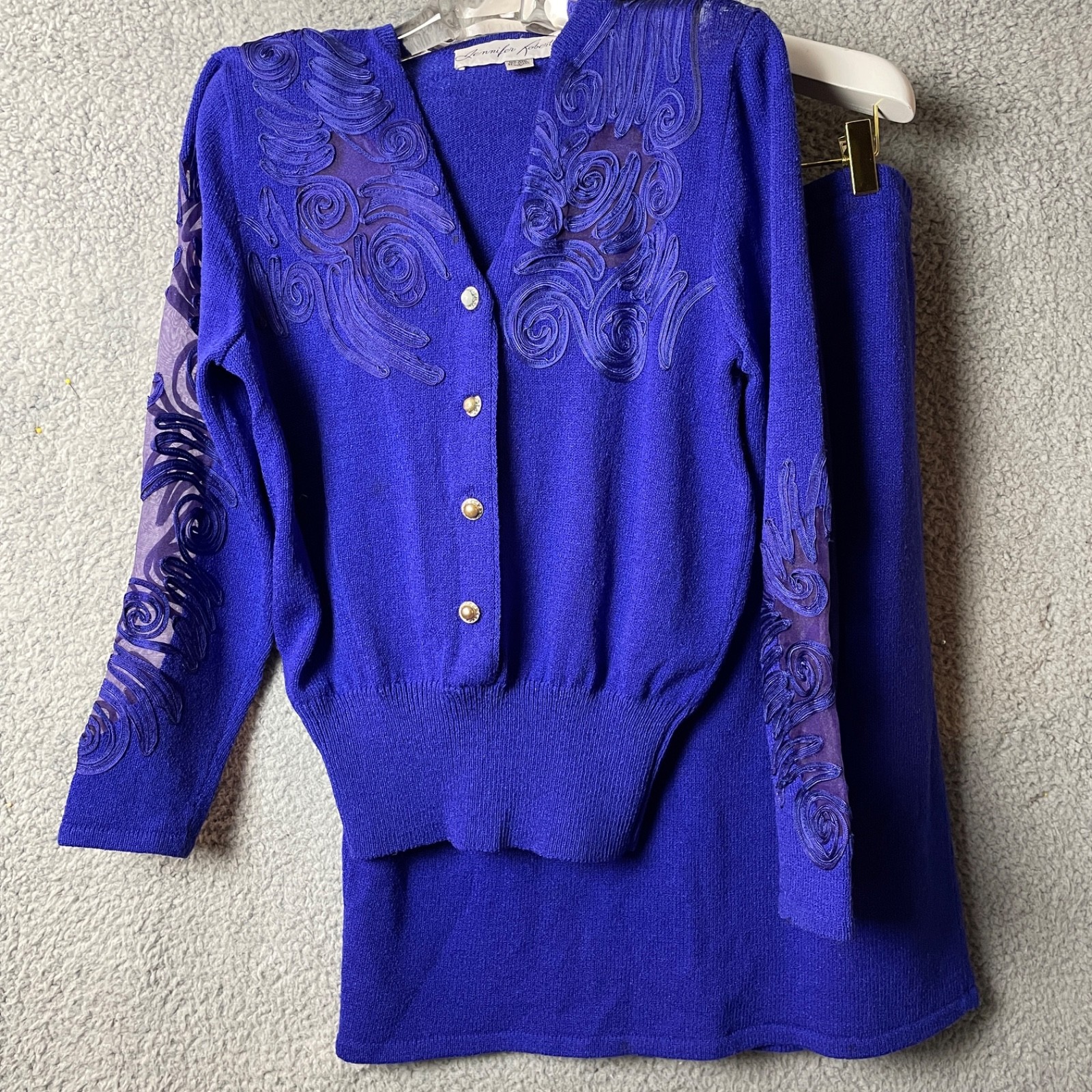 Vintage Jennifer Roberts Purple Wool Sweater Skirt Suit Set Womens 12 80s VTG