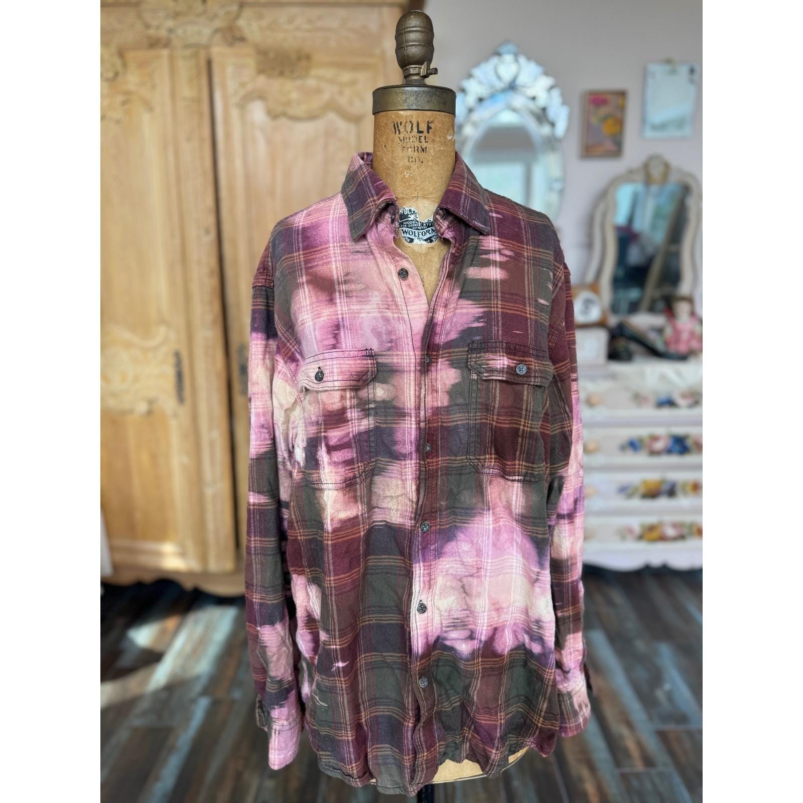 Upcycled Flannel Shirt Angry Cat Patch Grunge Art Large