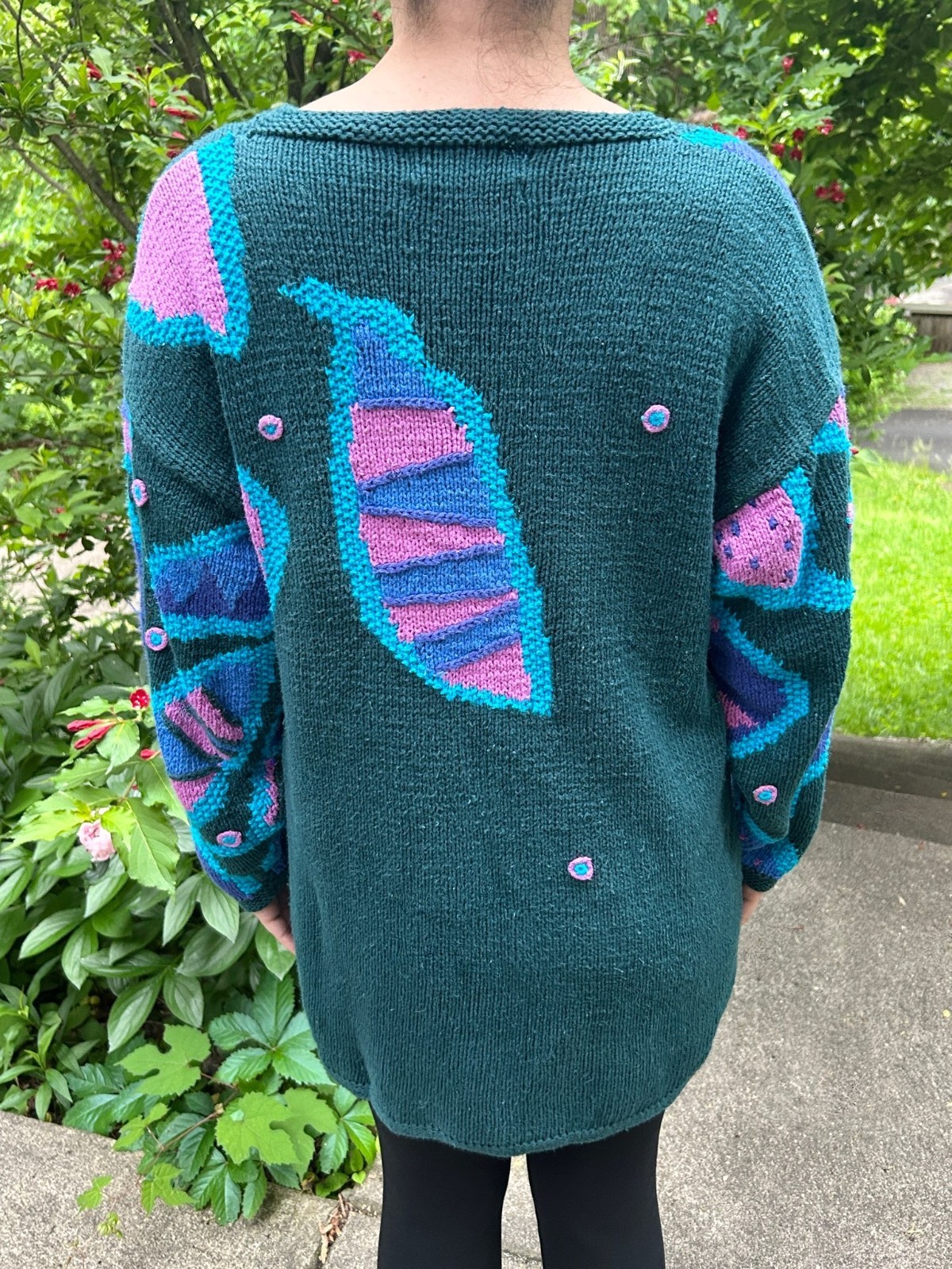 90s Segrets Sun Prints Handknit Sweater Abstract Leaf Pattern Drop Shoulder Sz M
