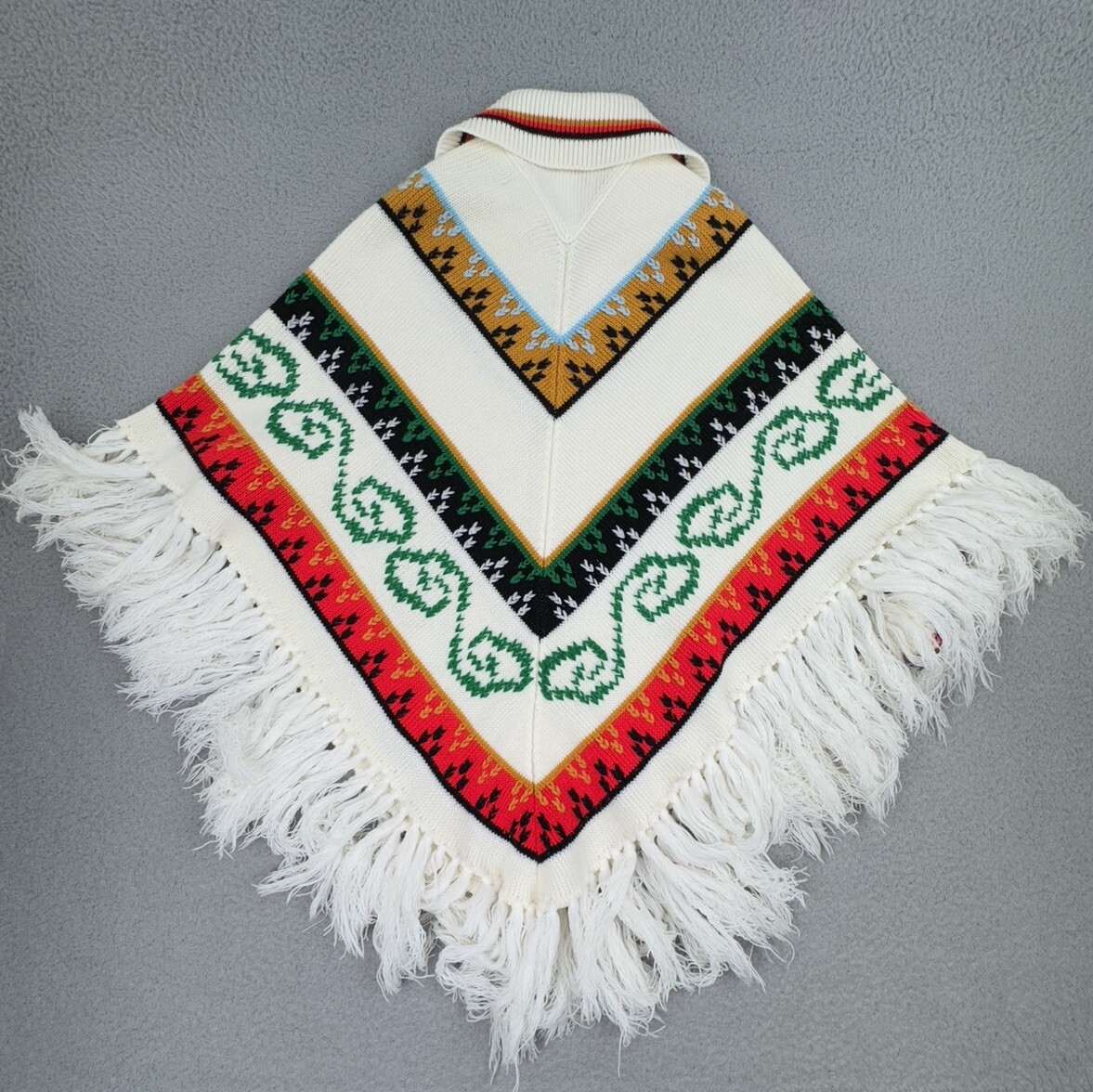 Vintage 70s Knitted Poncho Sweater Tassels Bohemian Hippie Pom Poms