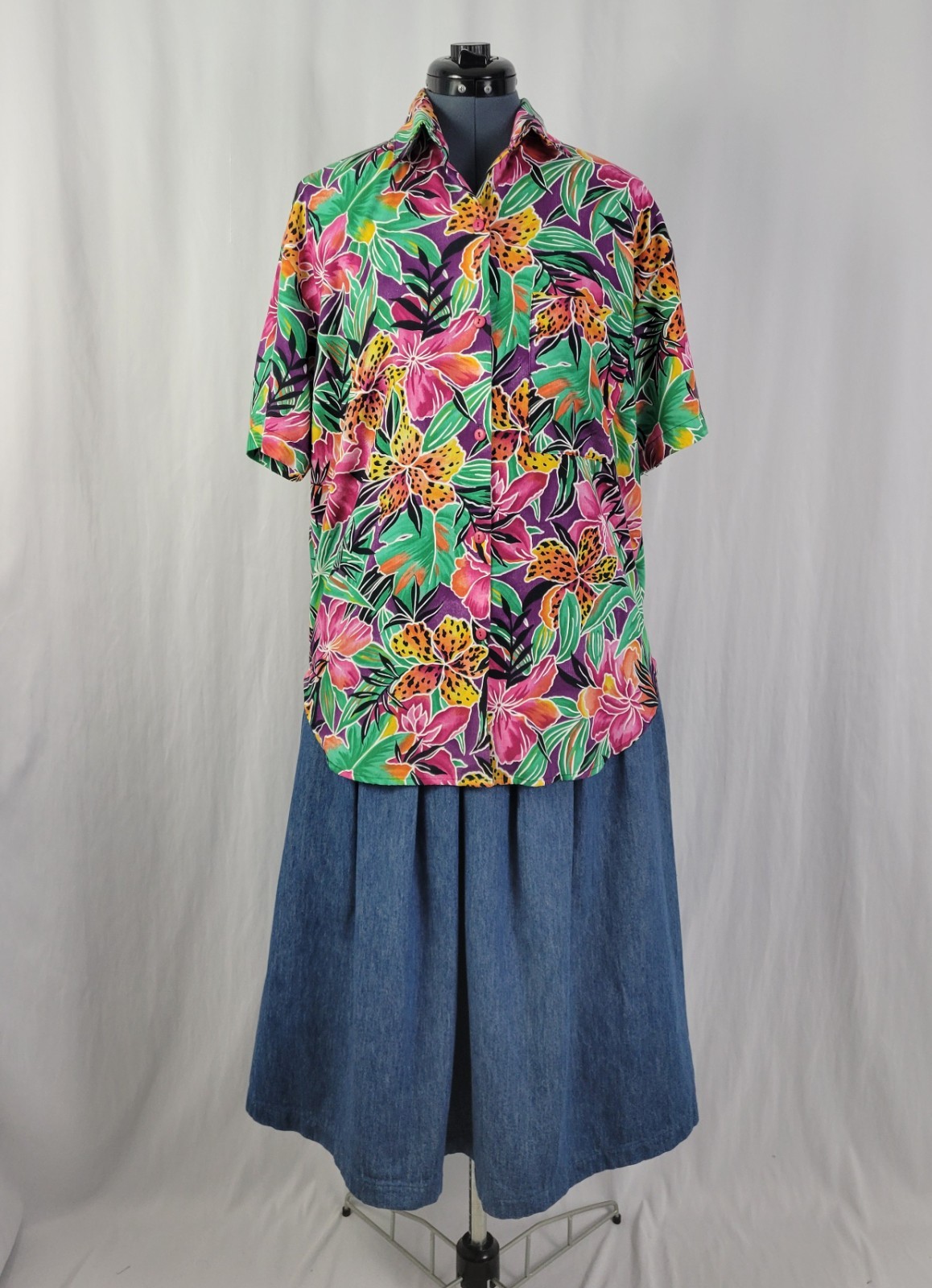 Vintage American Weekend Purp/Pink/Yell/Orange/Green Tropical Floral Top Size M