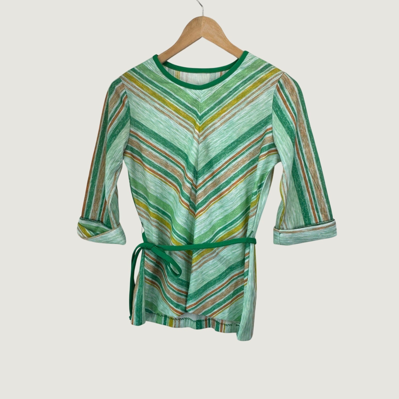 Unbranded Vintage Striped Belted Tunic Top Green Chevron Retro 70s Aesthetic