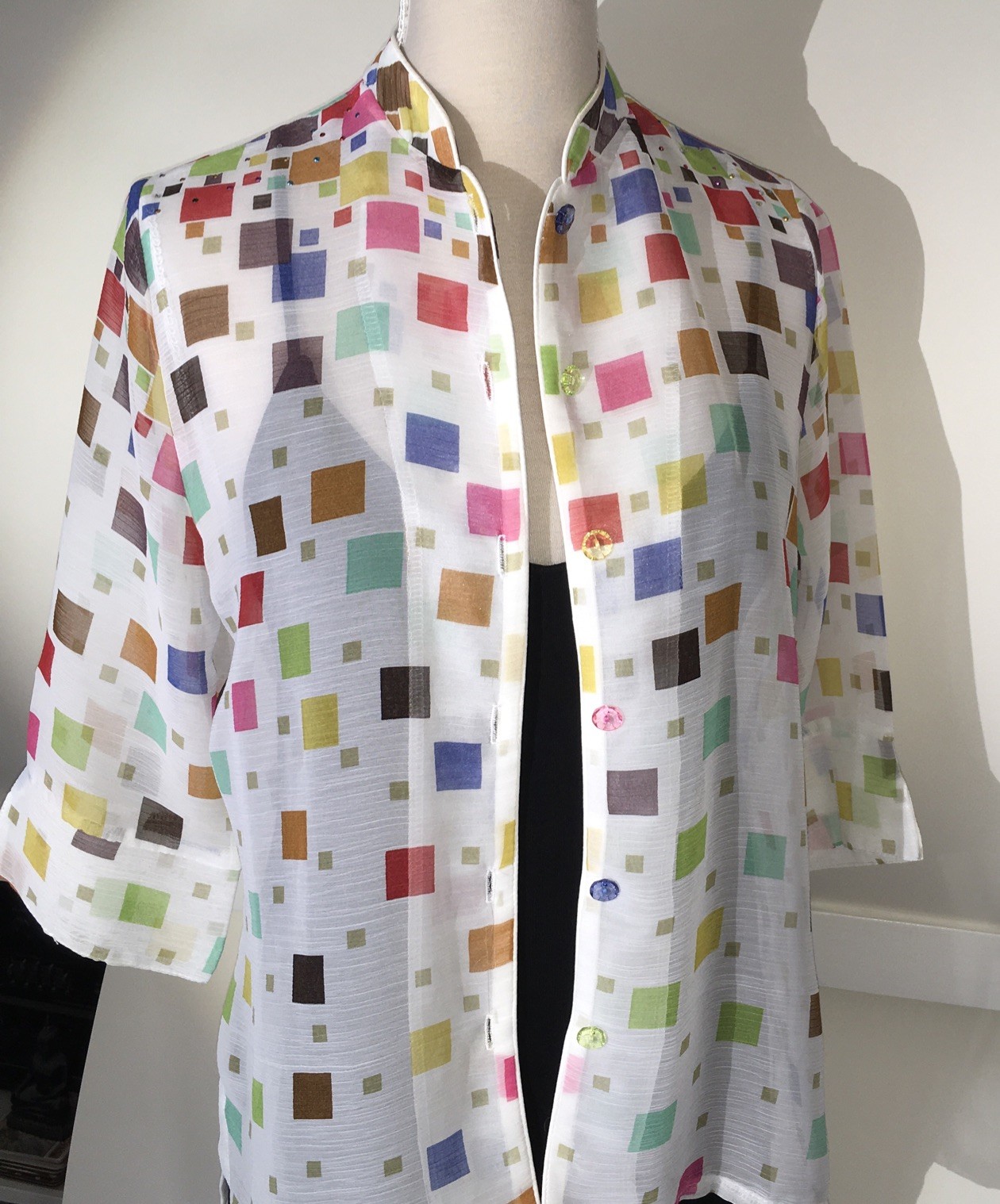 Vtg. Sheer SEA SUNS Mandarin Collar BLOUSE Tiny Multi Color Studs & Buttons RARE