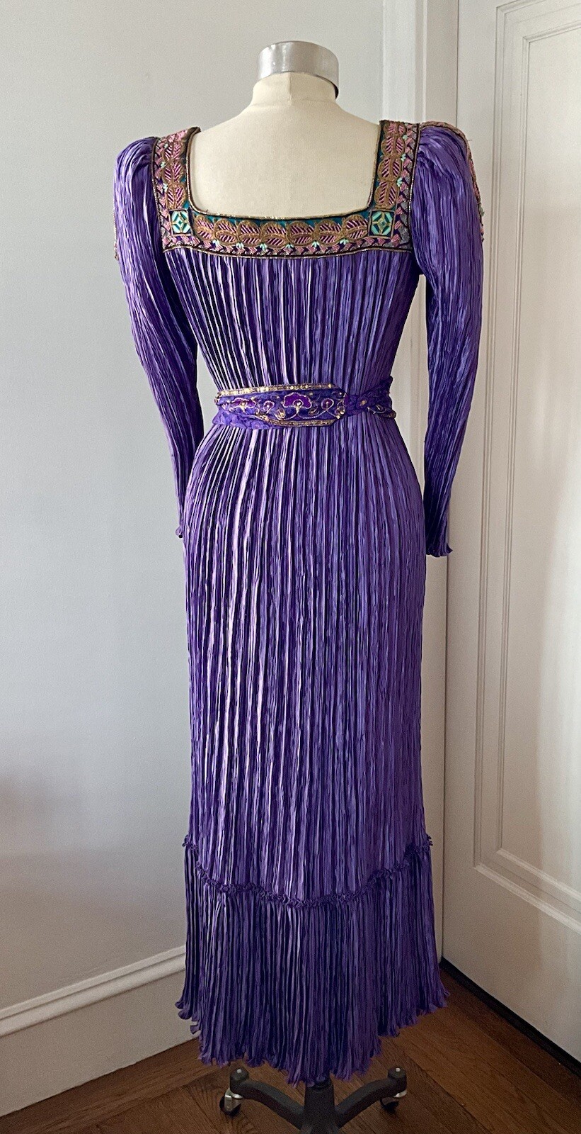 Vintage Early 80’s Mary McFadden Purple Pleated Gown Dress w/ Sash