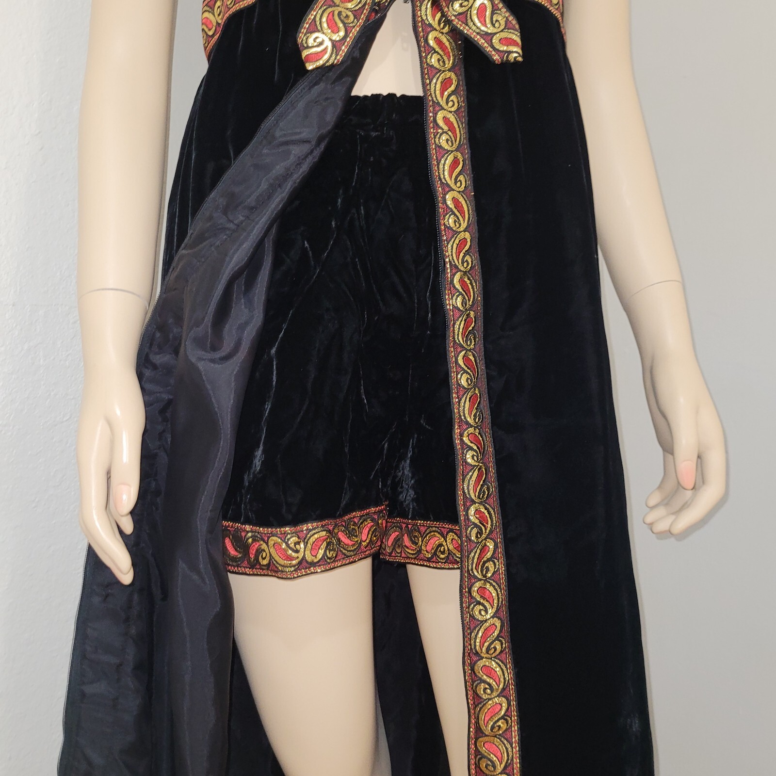 Mod Vintage Black Velvet Hostess Dress With Shorts Red & Gold Paisley Trim 1960s
