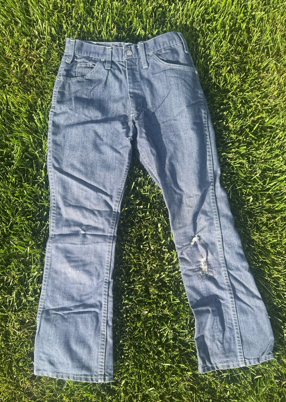 Vintage 70s Grants Jeans Dark Wash Flare Bell Bottom Circle G Distressed 27×27.5