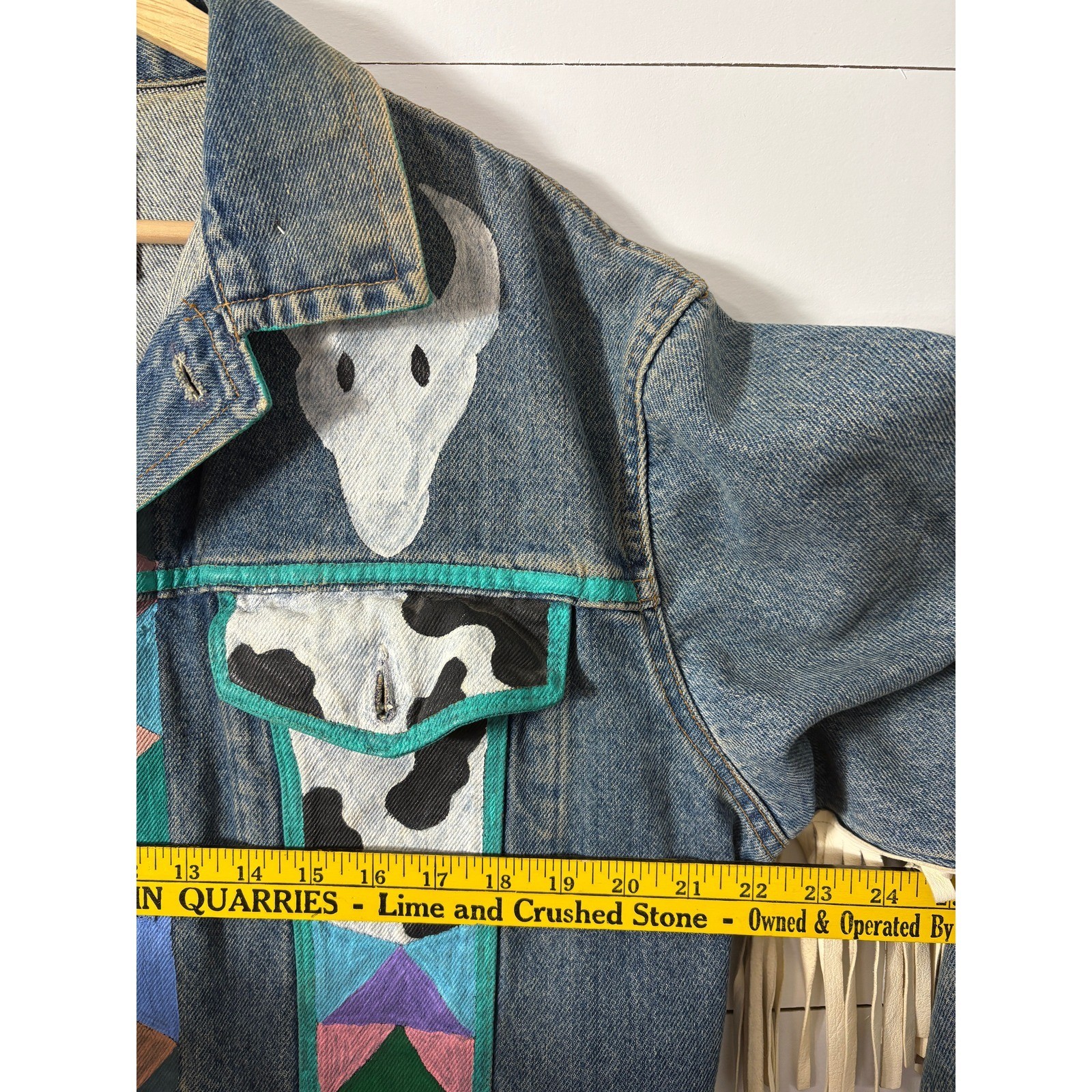 Vintage Gap Denim Jacket Western Southwest Painted Cow Skull Fringe Unique Small