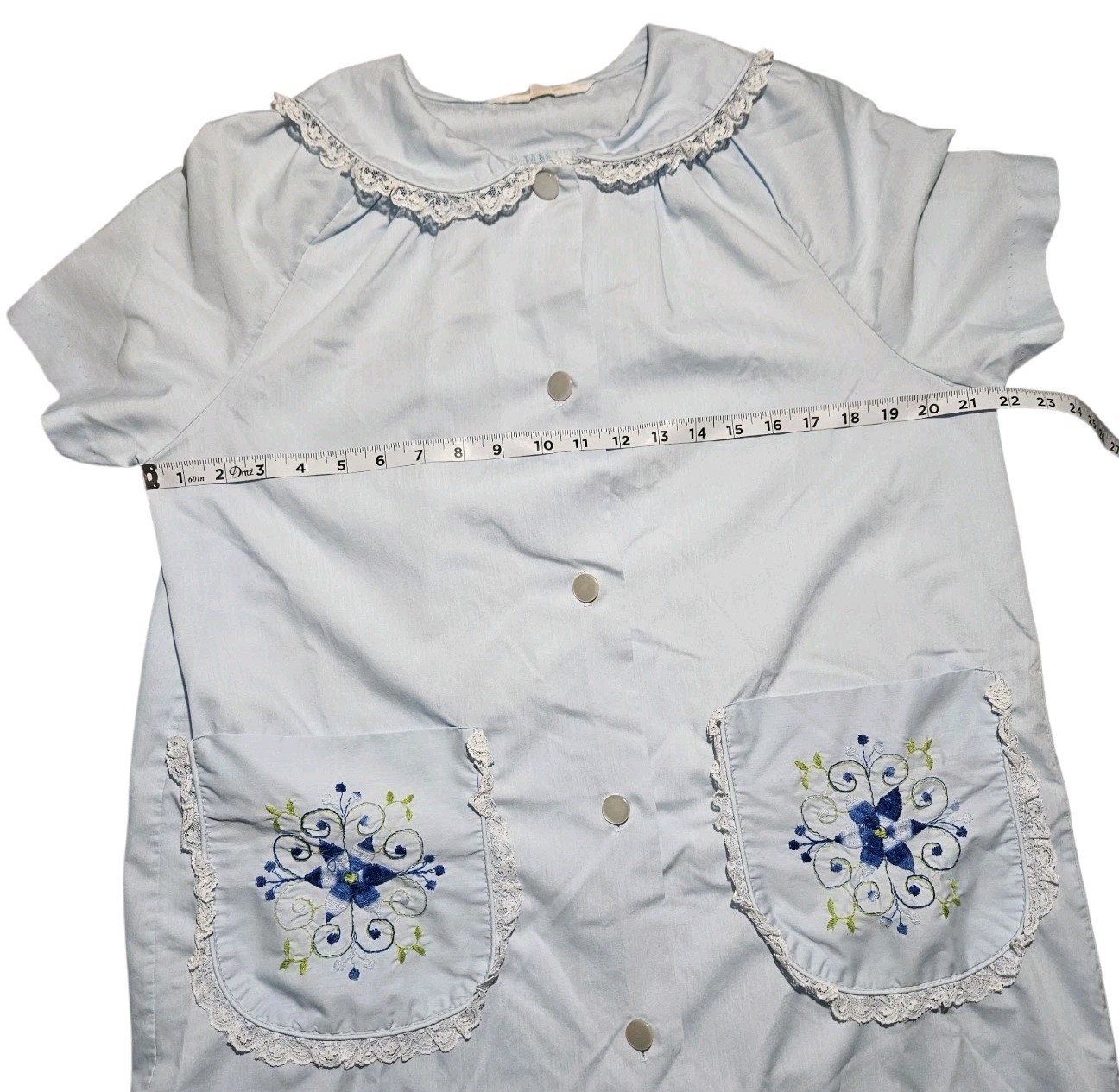 Vintage 70s Sears Comfort Coat Womens House Dress Blue Embroidered Pockets XL