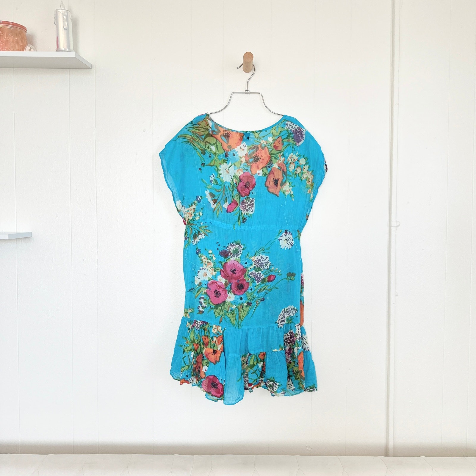 90s Thai Artisanal Dramatic Drop-Shoulder Tunic Dress Electric Turquoise Cotton