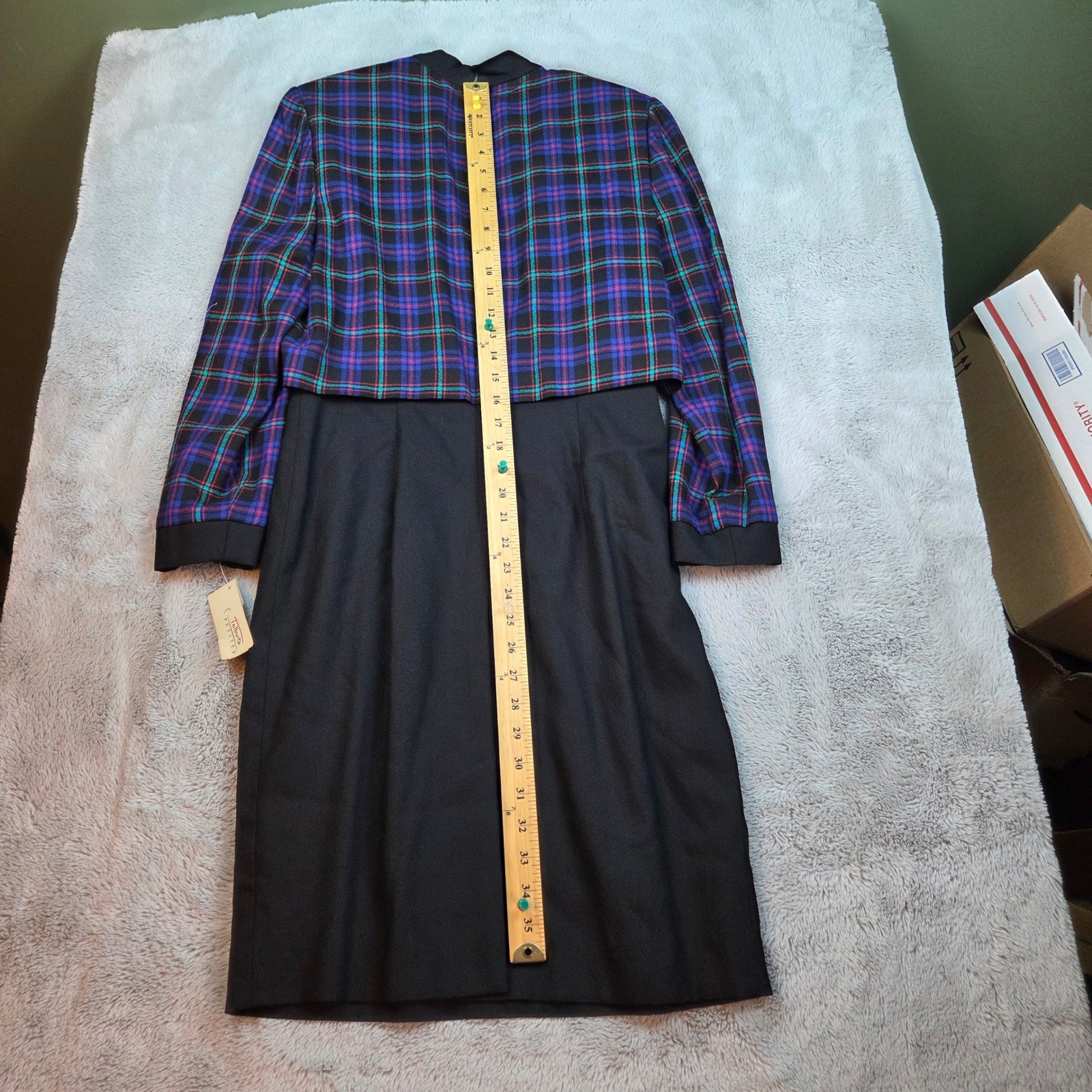 Vintage Talbots Plaid Sheath Dress Womens 8P Black Purple Wool Blend Mock Neck