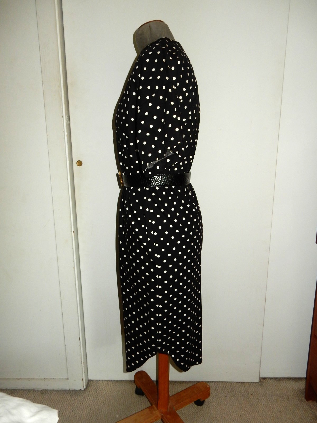 VTG Pierre Cardin Black & White Polka Dot Straight Shirt Dress M Made in USA