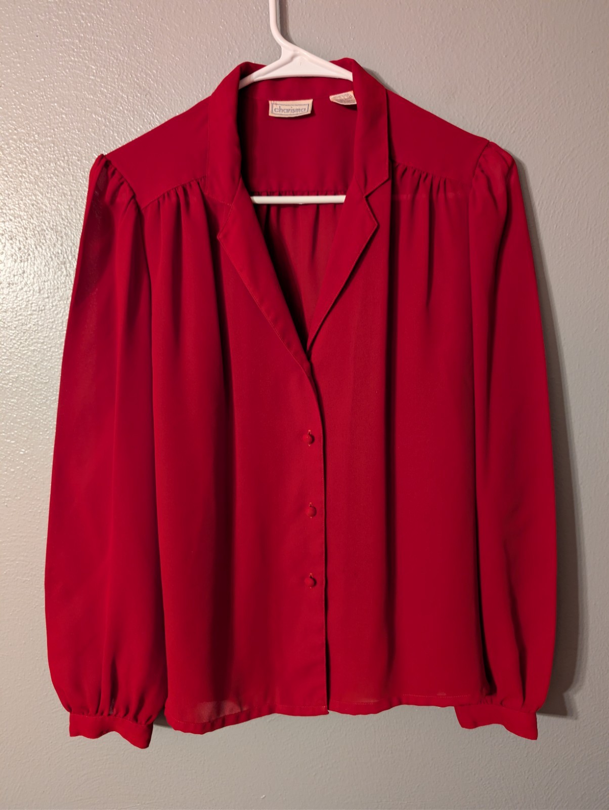 Vintage 80s Charisma Red Balloon Sleeve Blouse Shirt Poly Chiffon Size 12
