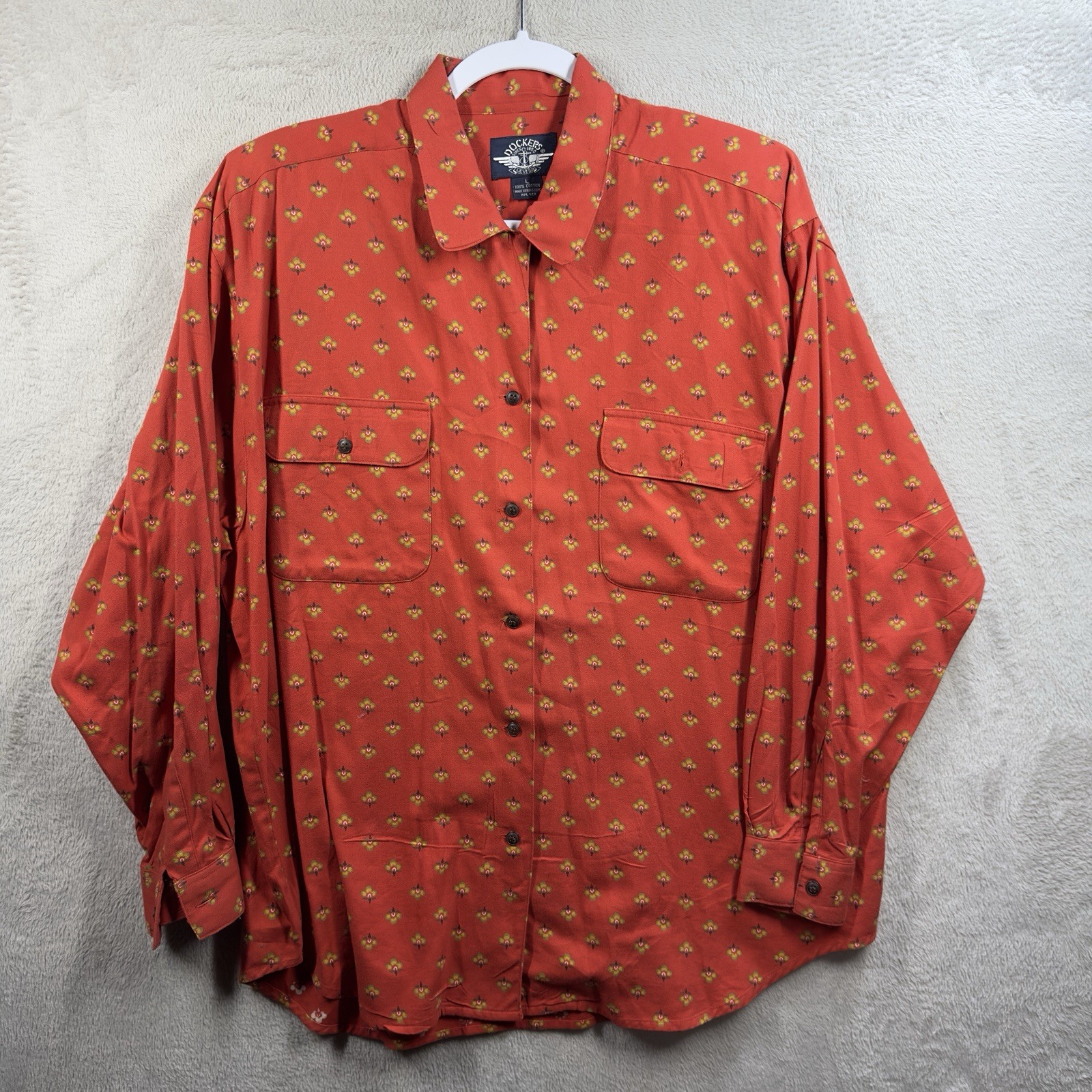 DOCKERS Vintage Rust Red Ditsy Floral Button Front Shirt Women’s M Shoulder Pads