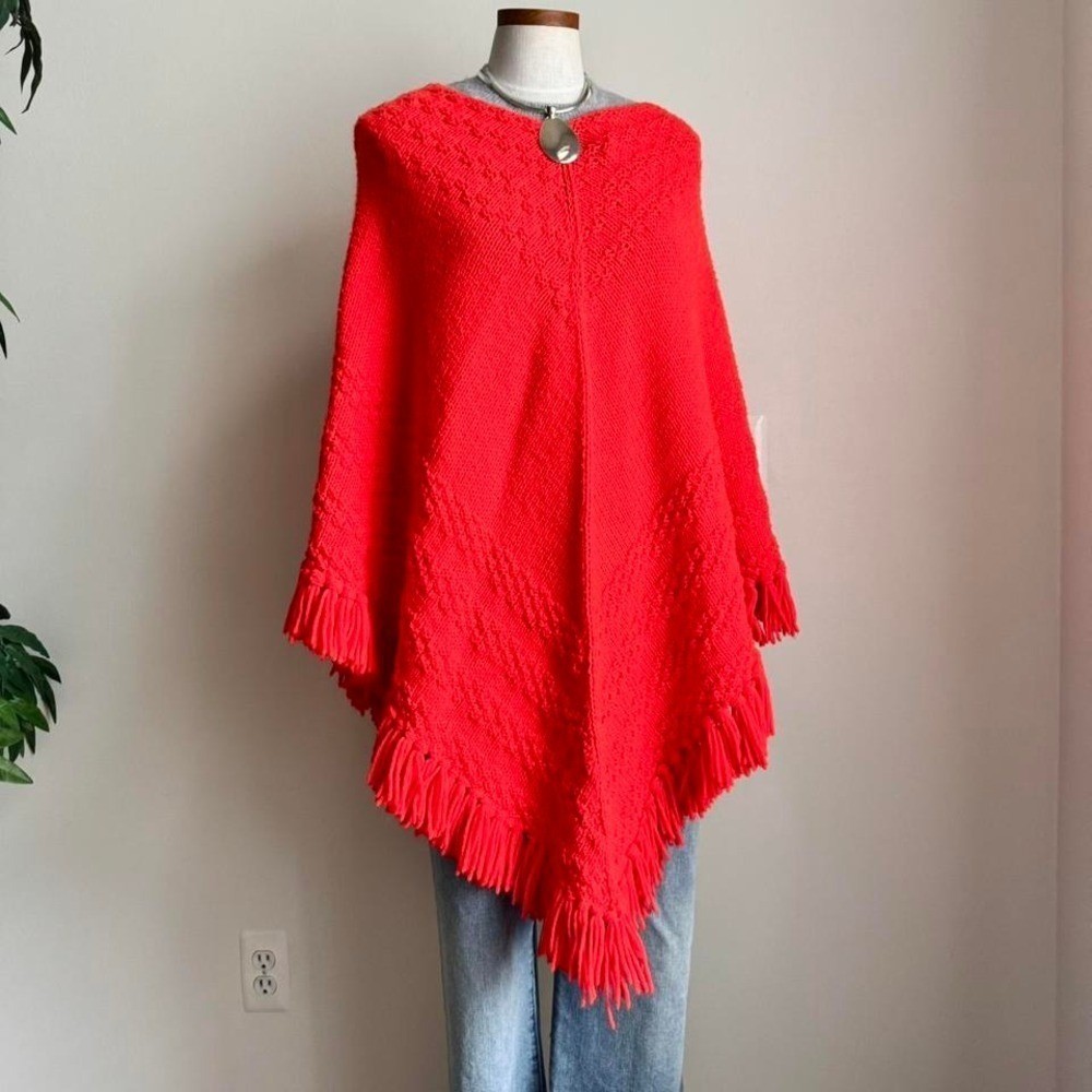 Vintage Vibrant Red Orange Fringe Poncho Handknit Crochet