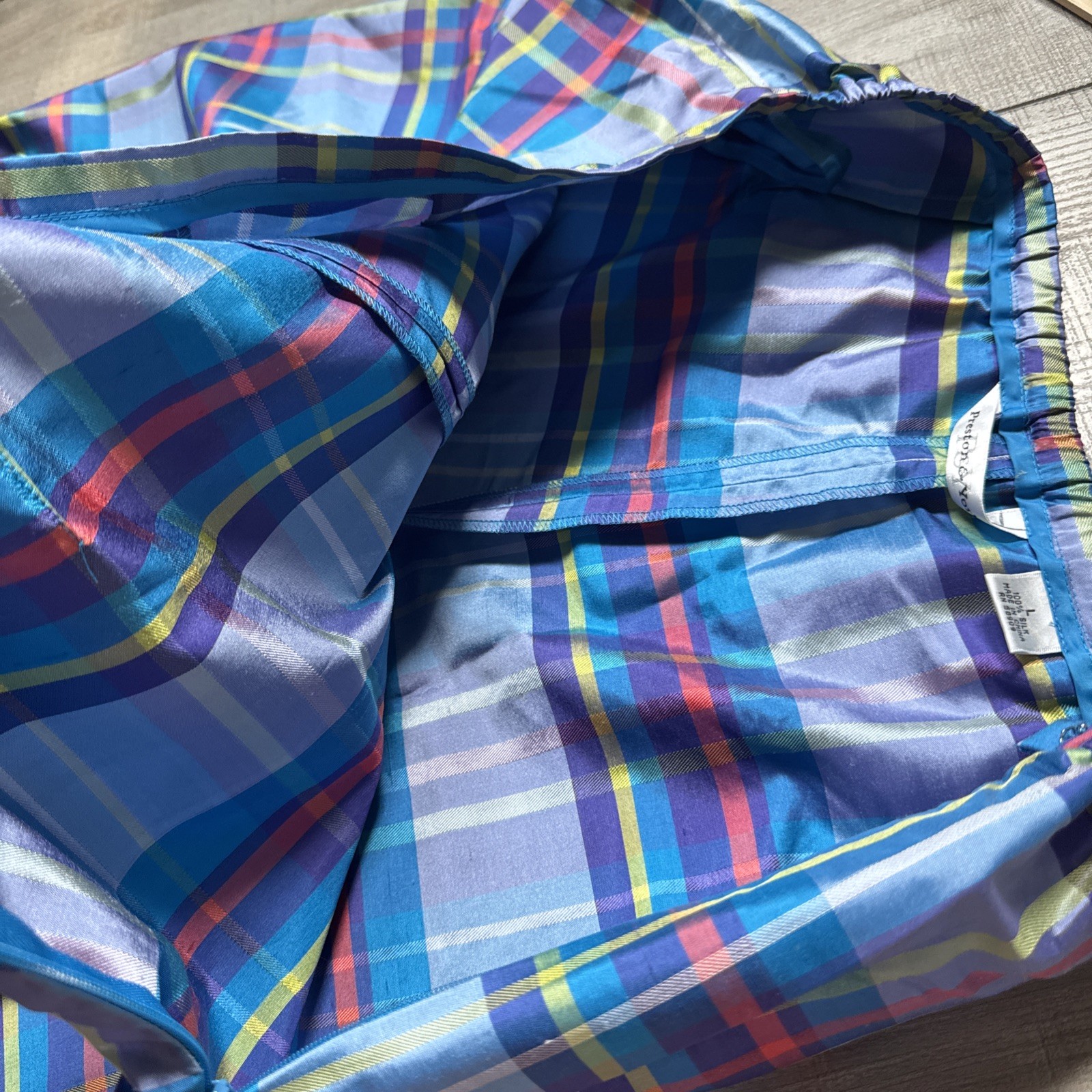 Vintage 90s Preston & York Silk 2pc Pajama Set Top Pants Plaid Womens M/ L Blue
