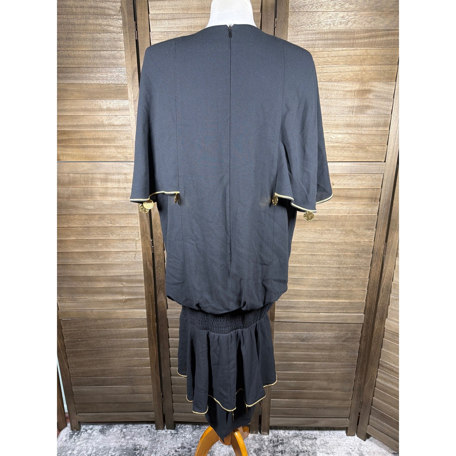 Tiffani Kim I Magnin Vintage 80s Black Coin Embellished Blouson Dress Size 10