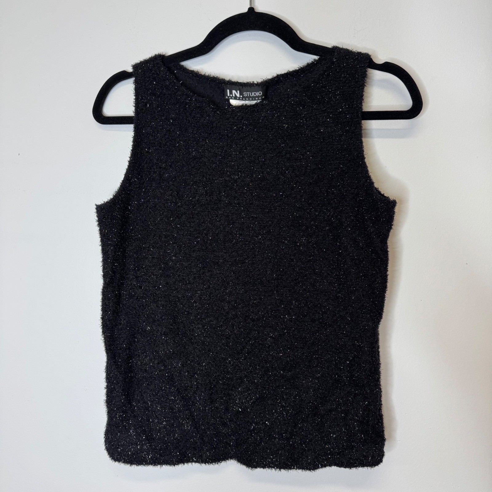 Vintage I.N. Studio Black Sparkly Eyelash Knit Sleeveless Top Y2K Made in USA M