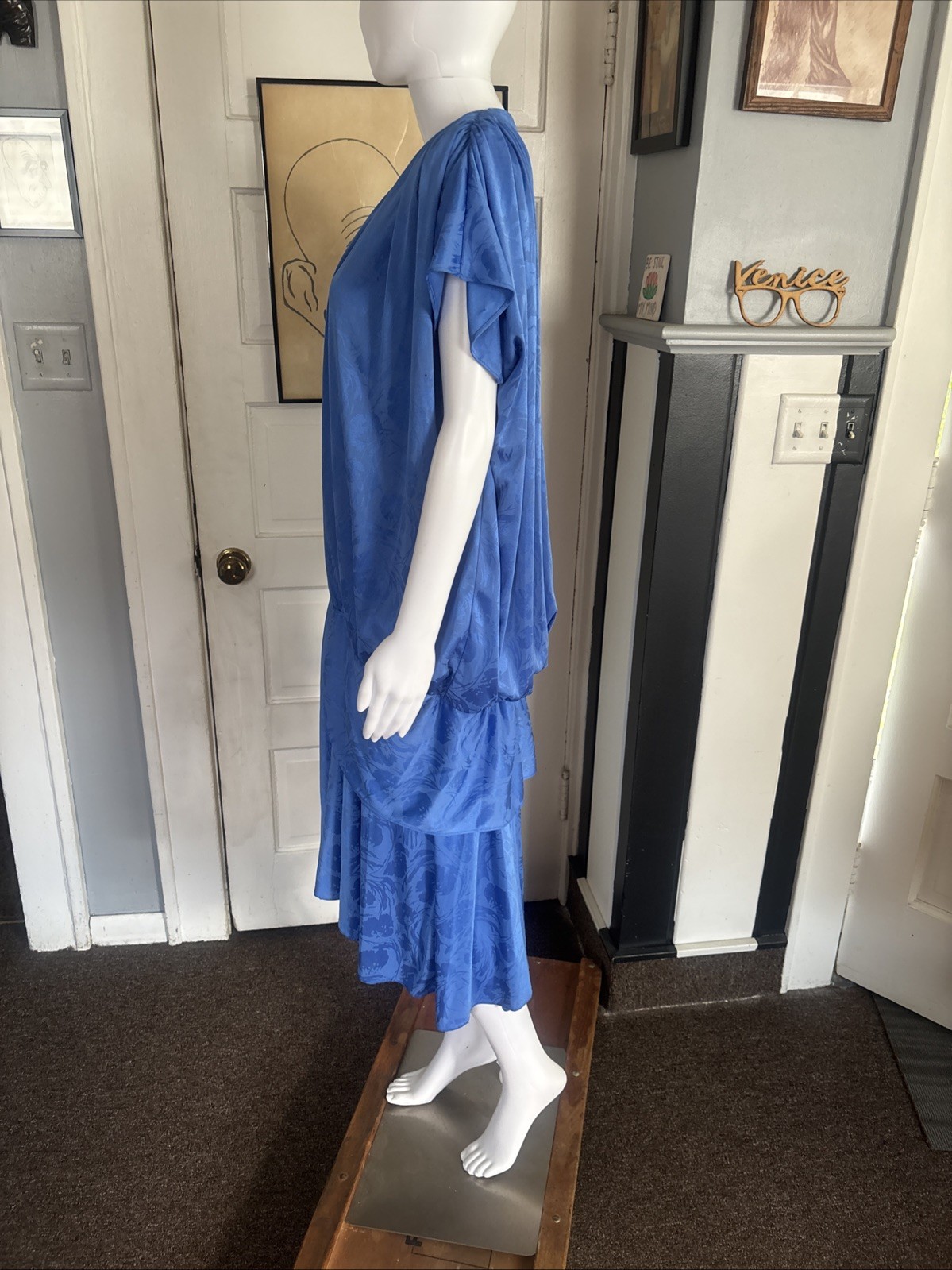 80s RICCARDO Drop Waist Dress Blue Size 16.5 USA made Silky Floral Shoulder Pads