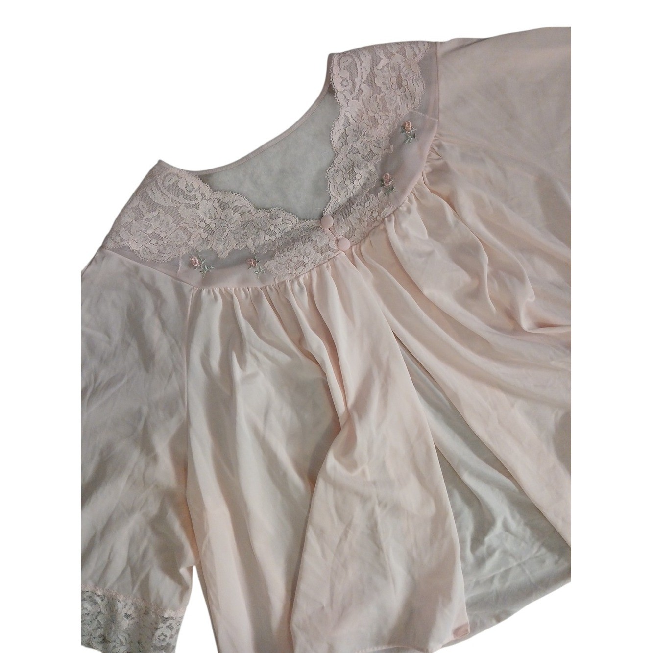 Vintage 1950s Shadowline Light Pink Silky Nylon Bed Lace & Embroidered Flower/L