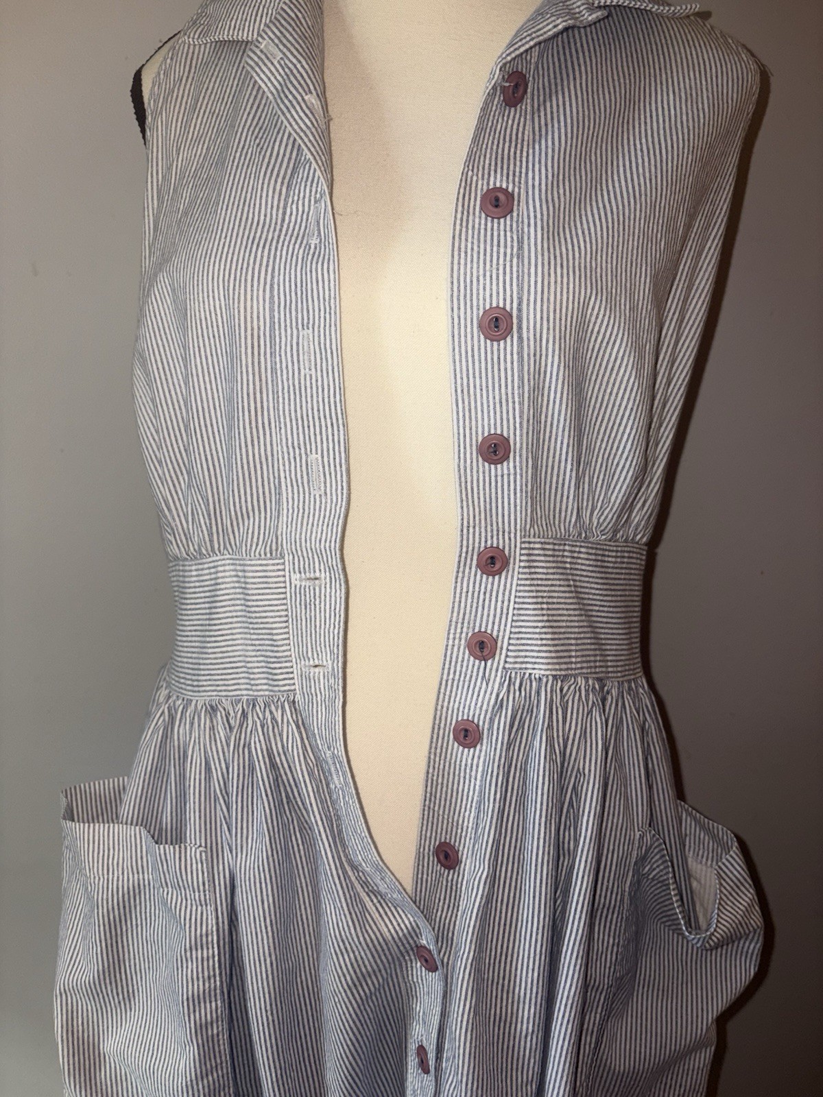 Vtg Virgo II Midi Dress Union Made Cotton Pockets Sleeveless Button Front 10