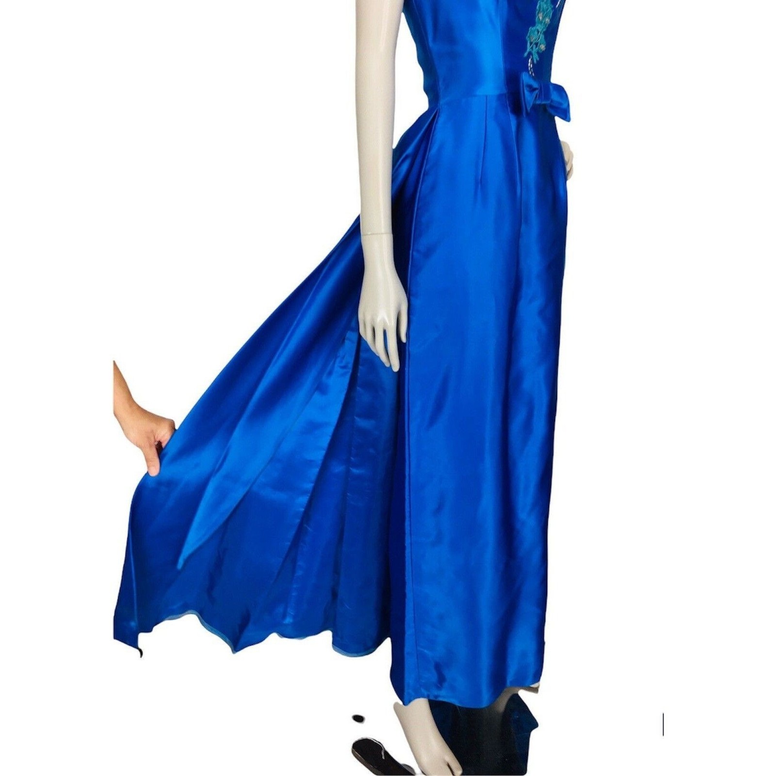 Vintage 1940s Cartwright Blue Satin Jewel Tone Beaded Embroidered Gown Dress