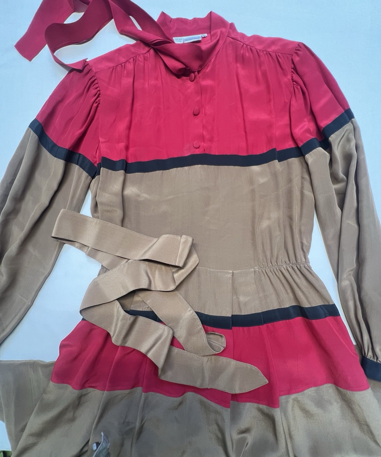 Vintage Color block Silk Secretary Dress Tomato Red Khaki Brown Black
