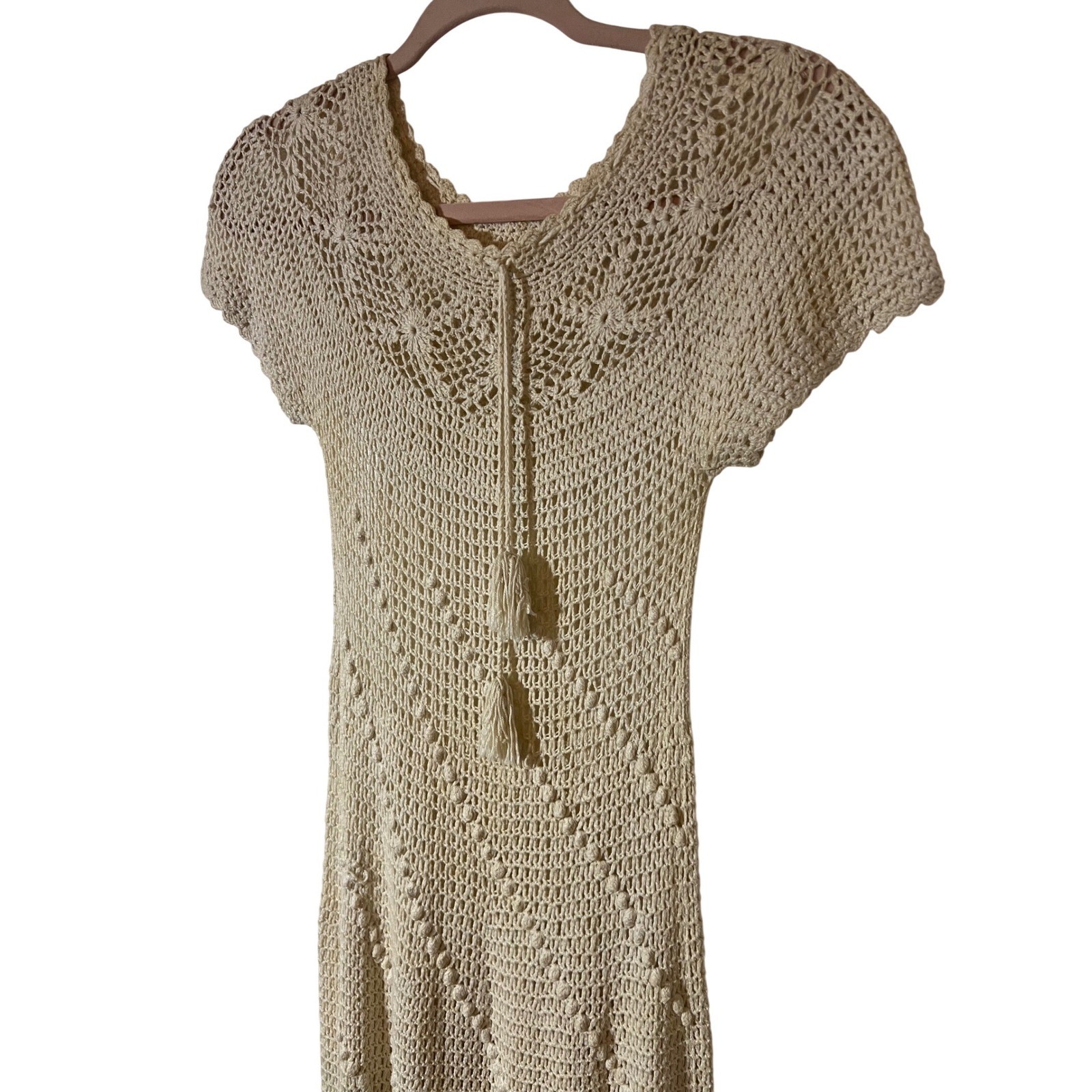 Vintage Crochet Maxi Dress XS Small 70s Whimsigoth Chevron Popcorn Stitch Ivory
